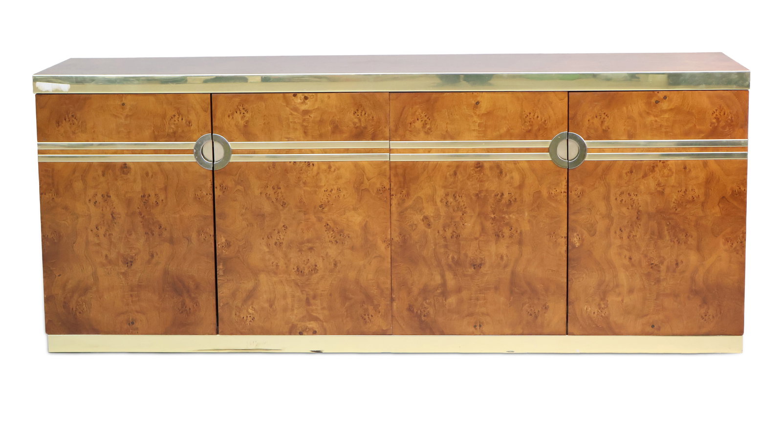 Pierre Carden Brass Accented Credenza: Pierre Carden Brass Accented Credenza Some age. 30 x 74 x 19 in. (76.2 x 188 x 48.3 cm.)