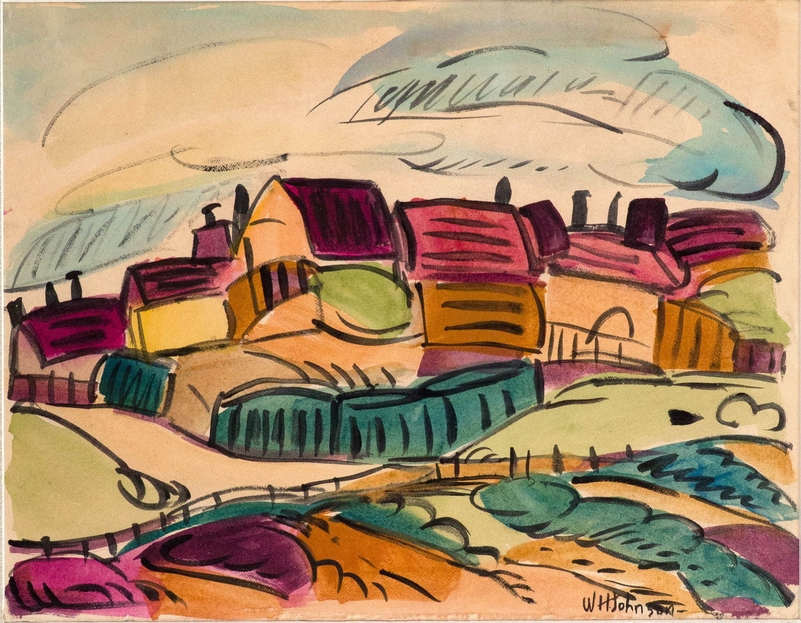 William Henry Johnson, 1901-1970, Village Scene, Mixed Media: William Henry Johnson 1901-1970 Village Scene Mixed Media Signed l.r. "WH Johnson" Provenance: Inherited from Cuban-born great-grandmother, who was an art enthusiast, and passed down to the
