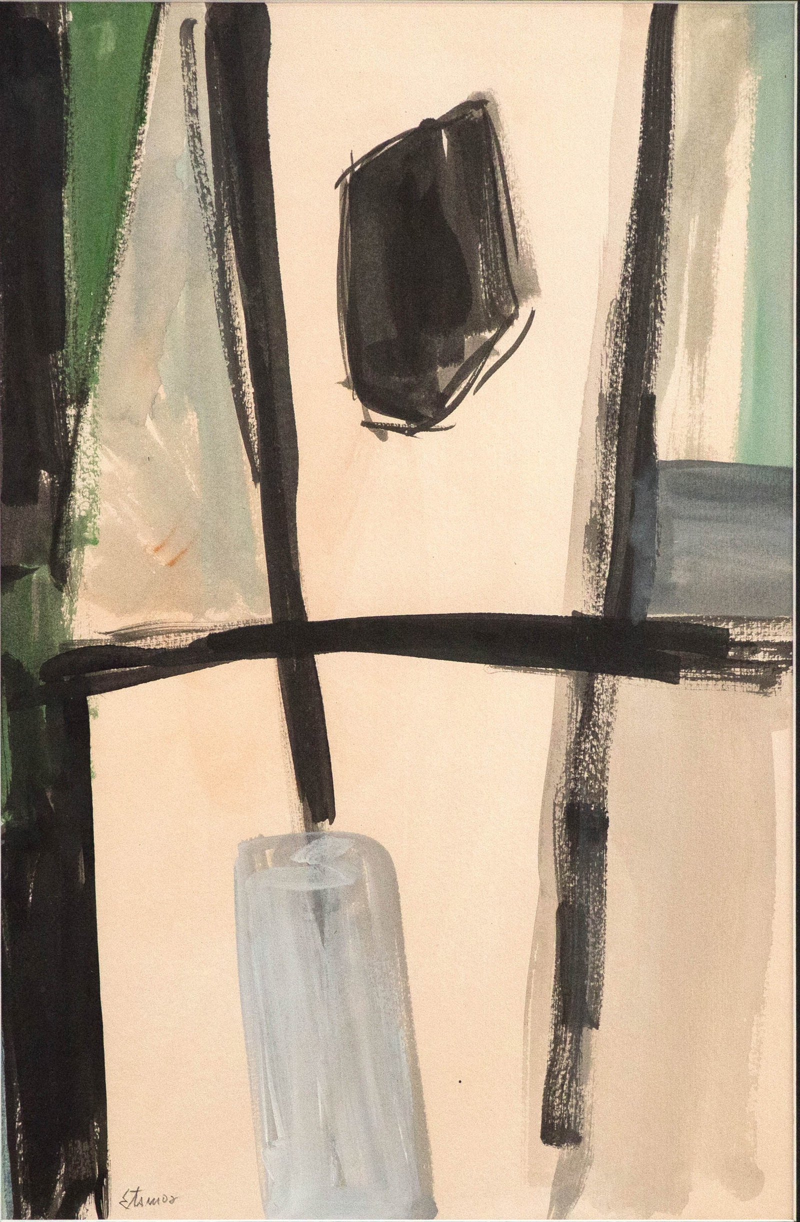 Theodoros Stamos, American/Greek 1922-1997, Abstract in Black and Green, Gouache: Theodoros Stamos American/Greek, 1922-1997 Abstract in Black and Green Gouache Signed l.l. Provenance: Inherited from Cuban-born great-grandmother, who was an art enthusiast, and passed down to the