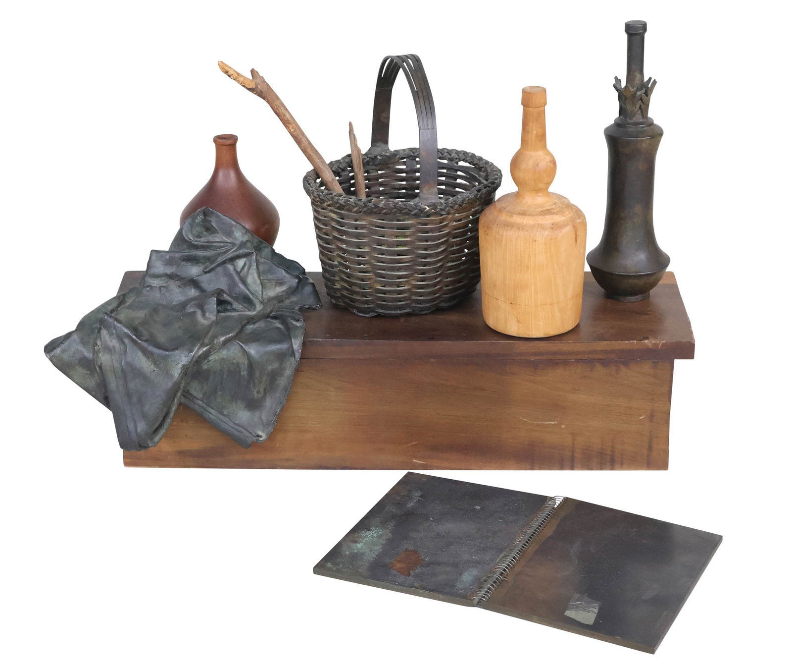 Steve Linn, American b. 1943, Still Lives (Giorgio Morandi), Bronze and Wood Installation: Steve Linn American, b. 1943 Still Lives (Giorgio Morandi) Bronze and Wood Installation Consists of seven objects: a wooden table, 7.5"h x 32"h x 10"d, two wood vessels, 13"h, 9"h, a bronze "bottle"