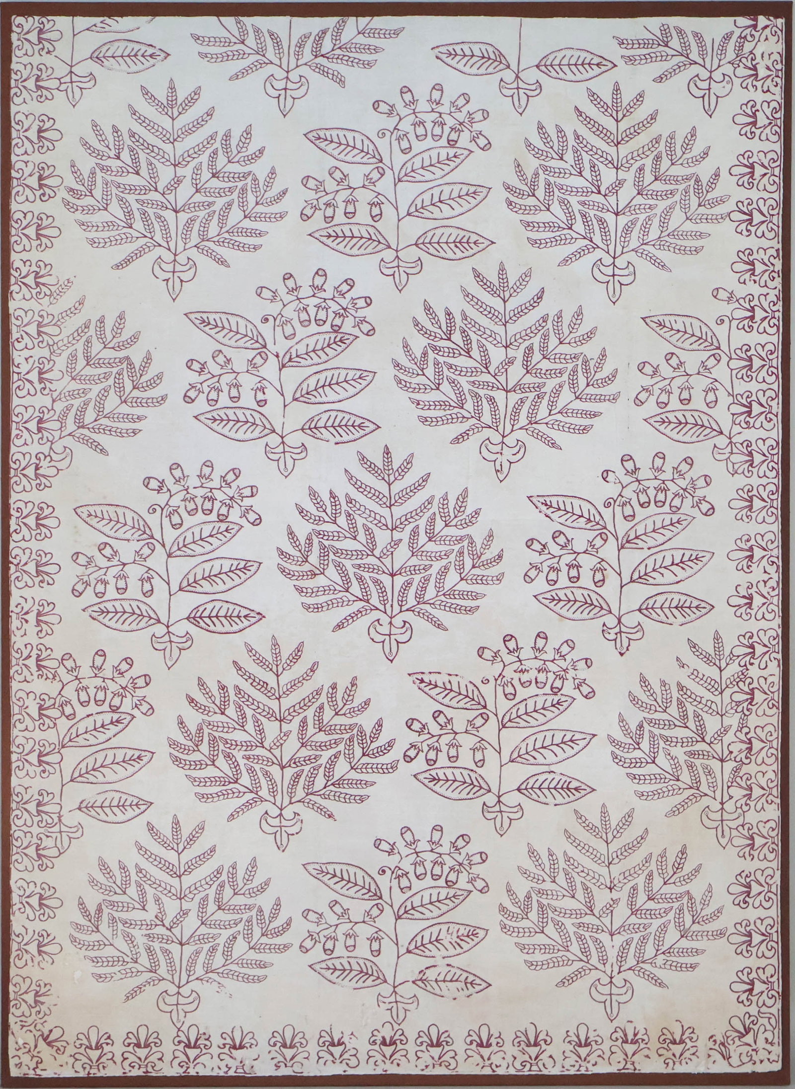 Red and White Crewelwork Tapestry: Red and White Crewelwork TapestryMounted on a frame.Patches, repairs, tears.70 x 51 in. (177.8 x 129.5 cm.)