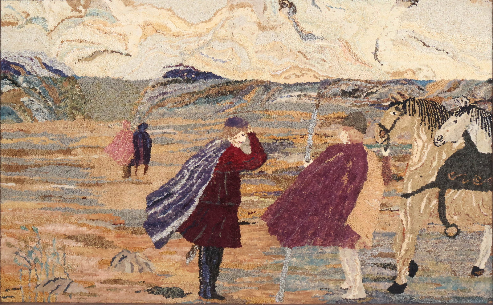 Shirred Pictorial Rug of Men and Horses: Shirred Pictorial Rug of Men and Horses American, 19th/20th C. framed. Surface distress, wear, stains. Sight: 35 1/4 x 57 1/4 in. (89.5 x 145.4 cm.), Frame: 36 3/4 x 59 in. (93.3 x 149.9 cm.)