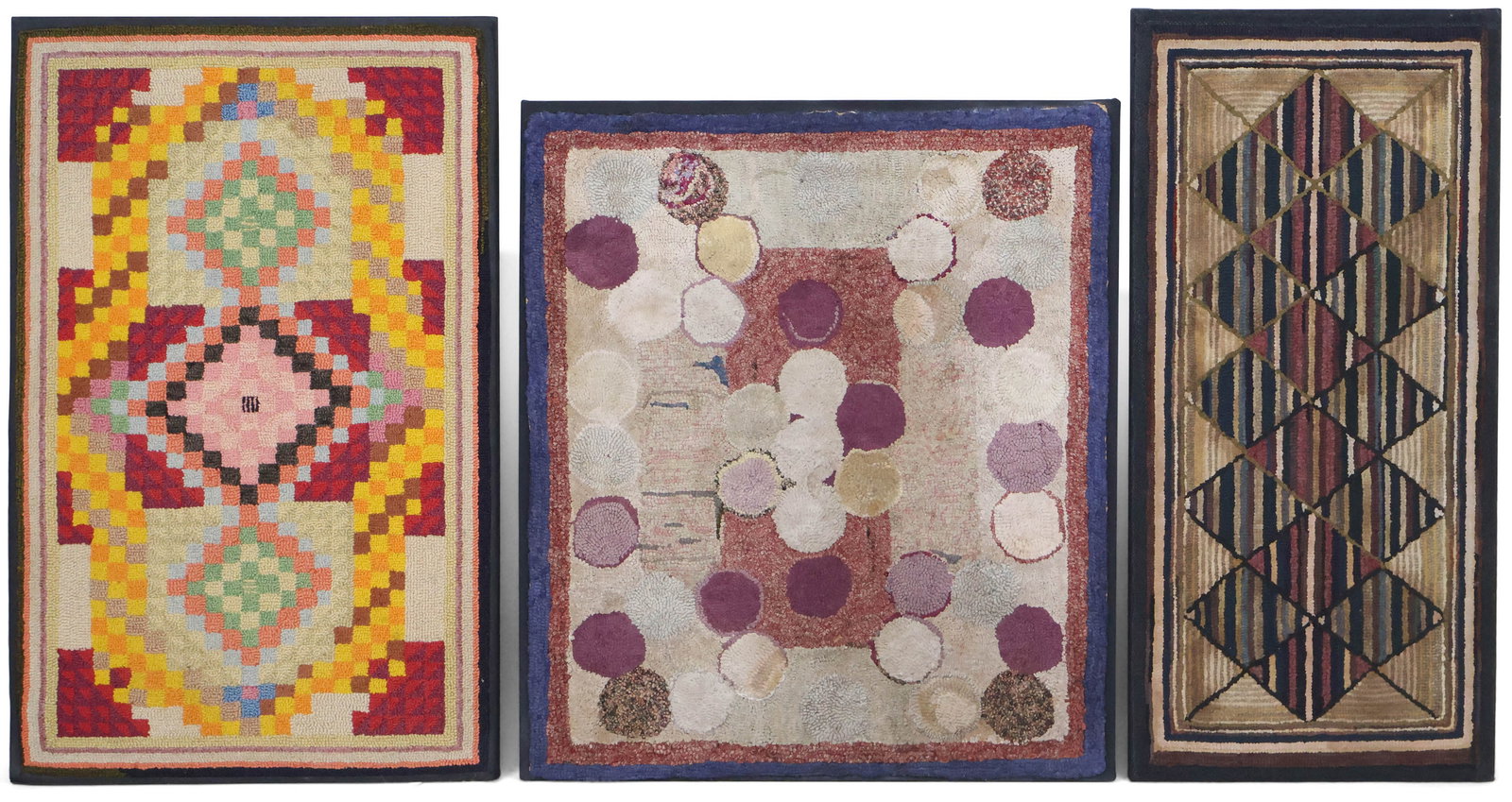 Three Geometric Pattern Hooked Rugs: Three Geometric Pattern Hooked Rugs 19th/20th C, mounted on wood frames. Wear, losses. 26 1/4 x 41 1/2, 42 x 19 1/2, and 32 x 36