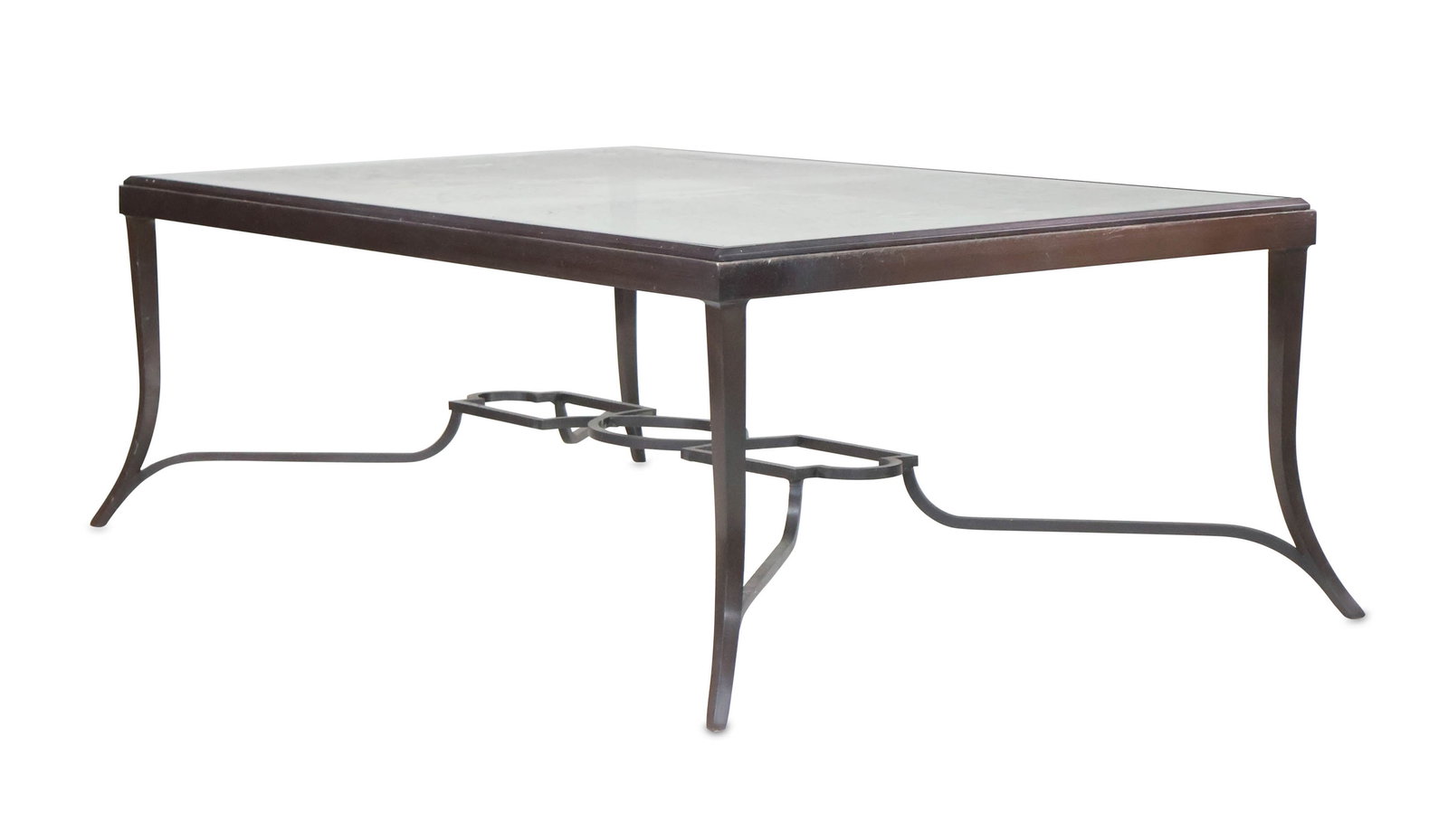 Modern Patinated Metal Glass Top Low Table: Modern Patinated Metal Glass Top Low Table 20th/21st C. 18 x 57 x 33 in. (45.7 x 144.8 x 83.8 cm.)