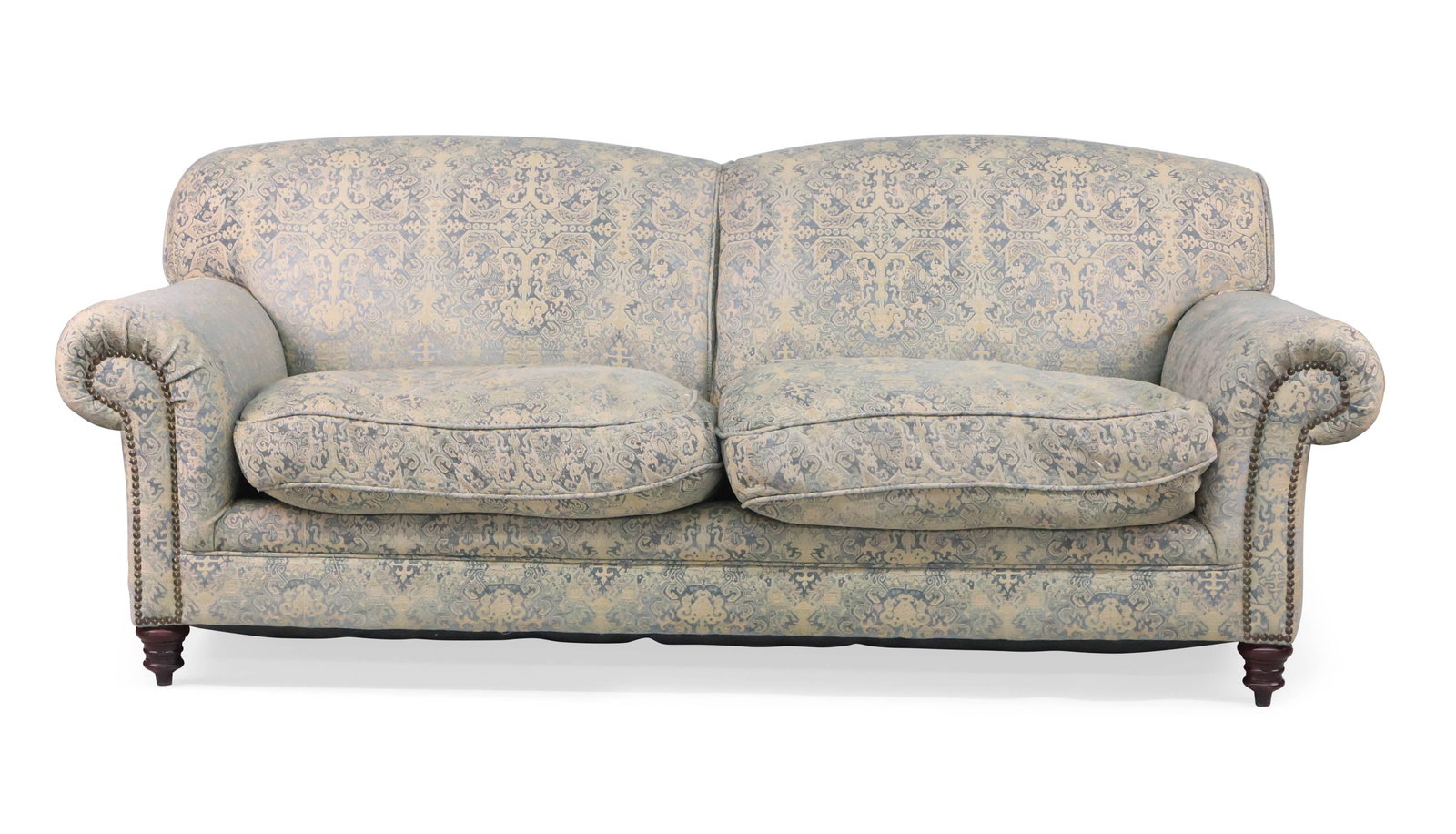 Contemporary Upholstered Love Seat: Contemporary Upholstered Love Seat 20th/21st C. with yellow and blue pattern fabric. Some wear. 31 1/2 x 83 x 38 in. (80 x 210.8 x 96.5 cm.)