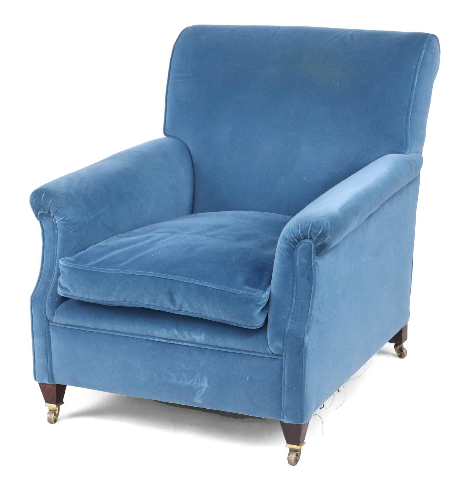 George Smith Blue Velvet Upholstered Club Chair: George Smith Blue Velvet Upholstered Club Chair 20th C. Some wear. 36 x 33 1/2 x 43 in. (91.4 x 85.1 x 109.2 cm.)