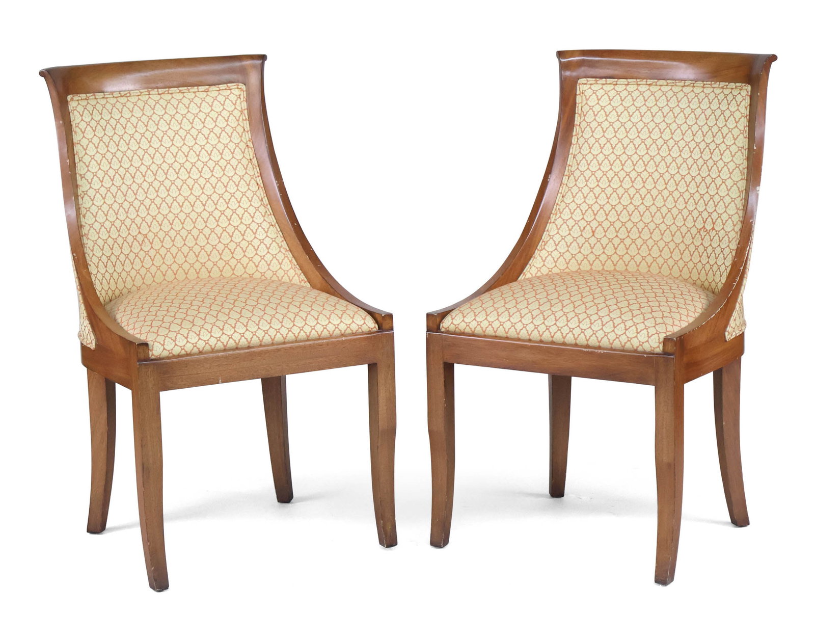 Pair of French Empire Revival Gondola Side Chairs: Pair of French Empire Revival Gondola Side Chairs 20th C. with yellow and orange upholstery. Labeled by Smith & Watson. Some wear. 35 1/2 x 20 x 17 1/2 in. (90.2 x 50.8 x 44.5 cm.)