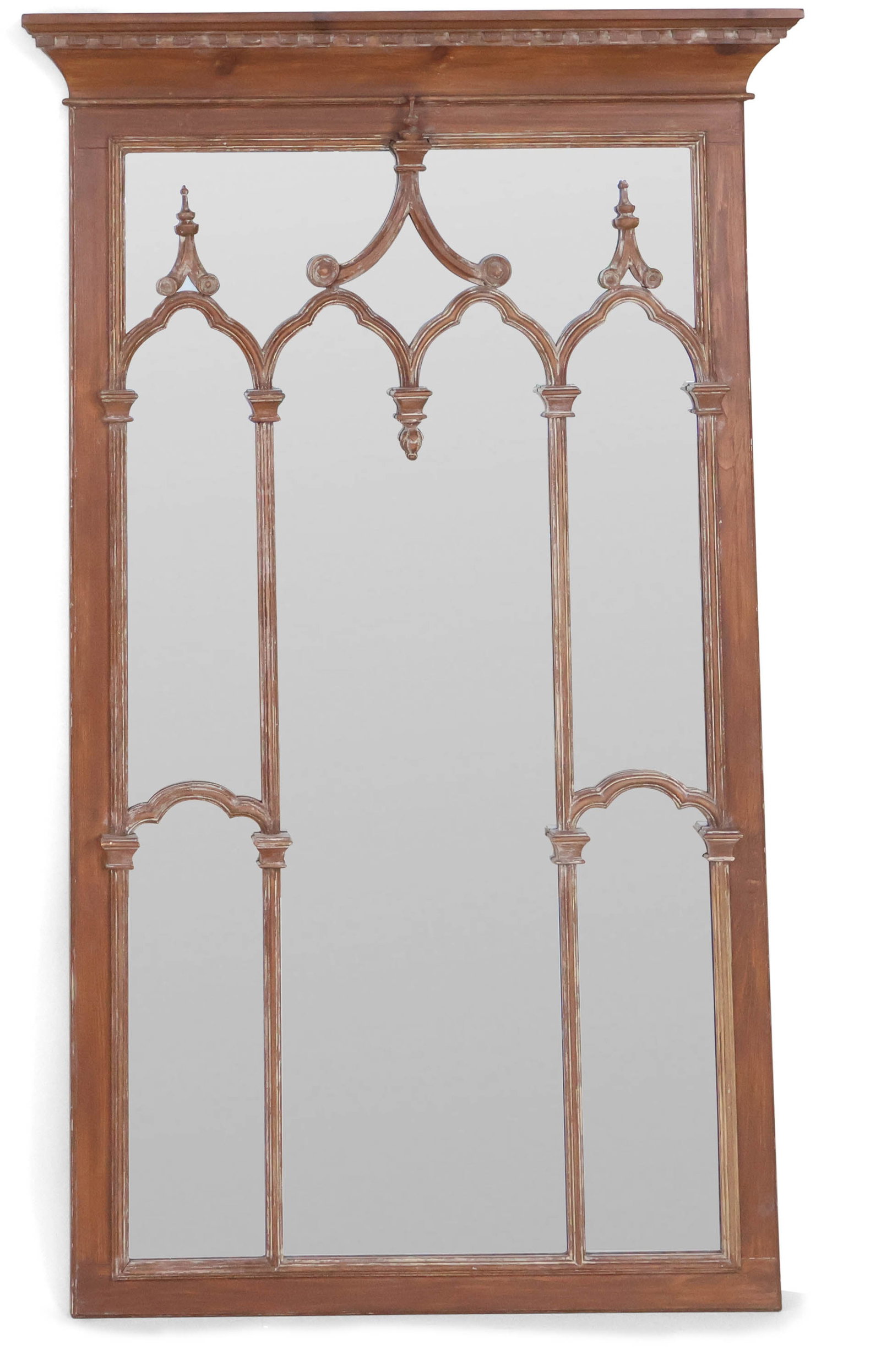 Gothic Architecture Style Pine Framed Mirror: Gothic Architecture Style Pine Framed Mirror 20th C. with distressed finish. 59 3/4 x 36 3/4 x 3 1/4 in. (151.8 x 93.3 x 8.3 cm.)
