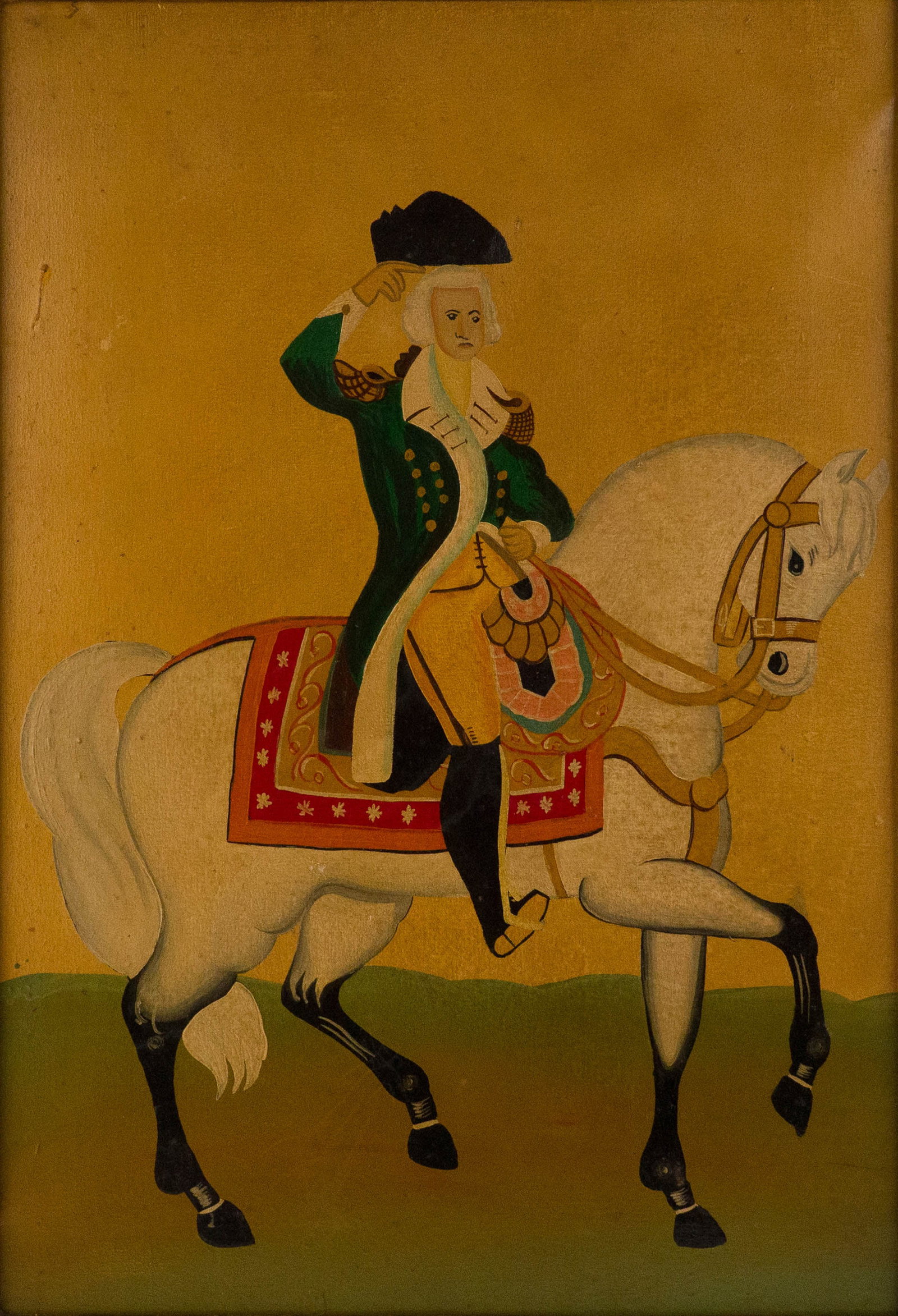 Portrait of George Washington on Horseback, Oil on Canvas: Portrait of George Washington on Horseback Oil on Canvas Artist unknown, in the folk art style. Sight: 29 1/4 x 20 in. (74.3 x 50.8 cm.), Frame: 33 3/4 x 24 1/2 in. (85.7 x 62.2 cm.)