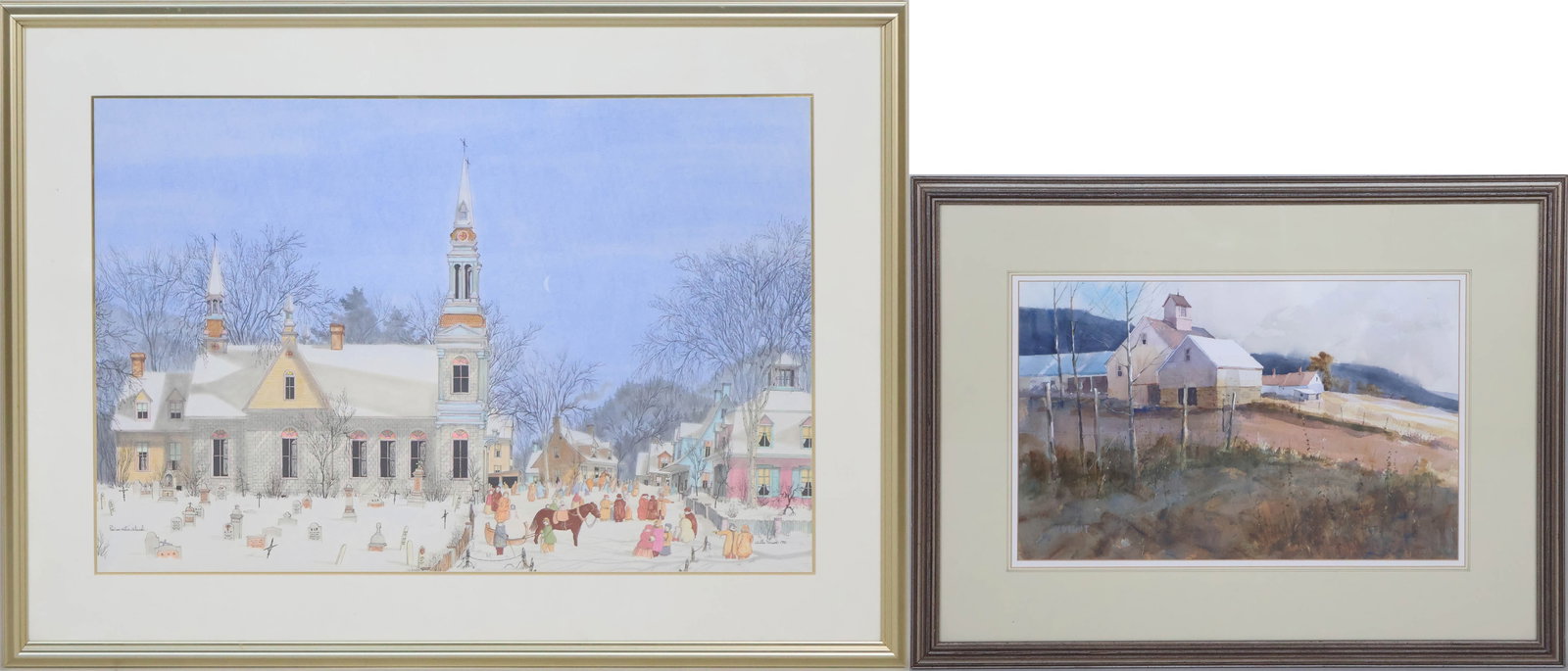 Bradford Voight, American 1921-2010, Vermont Farm, Watercolor on Paper: Bradford Voight American, 1921-2010 Vermont Farm Watercolor on Paper Signed l.l. and labeled verso. Together with a mixed media on paper of a winter village, titled l.l. "Par un Matin Glacial", and