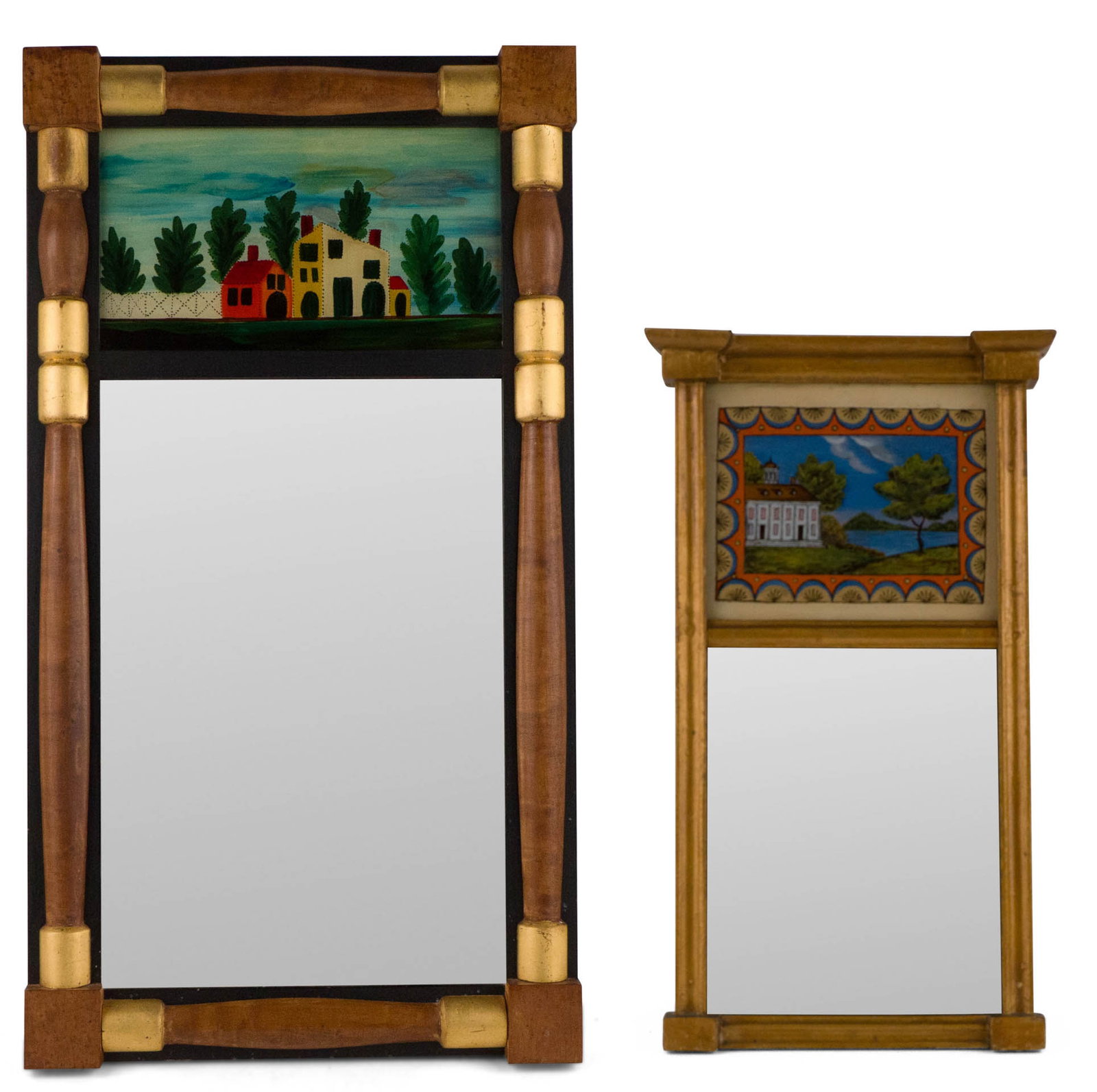 Two Federal Style Eglomise Inset Pier Mirrors: Two Federal Style Eglomise Inset Pier Mirrors 20th C. one with gold painted frame and one with parcel-gilt and stained frame. Surface distress and wear. 20 x 11 1/2 x 2 1/2 in. (50.8 x 29.2 x 6.4