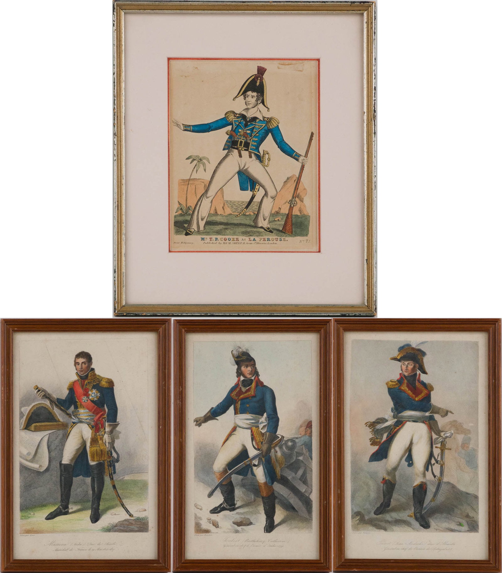 Four French Military, Hand Colored Engravings: Four French Military Hand Colored Engravings Titled "Massena", "Tunot", "Toubert", and "Mr. T.P. Cooke as La Perouse" Sights: 9 1/2 x 6 and 8 1/4 x 6 3/8, Frame: 10 3/4 x 6 3/4 and 13 3/4 x 11 1/2