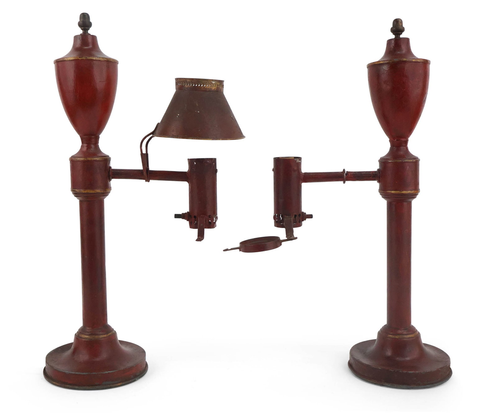 Pair of Red and Gold Painted Lamps: Pair of Red and Gold Painted Lamps 20th C. tole and wood, in the vintage style. Losses, wear. 19 1/4 x 10 1/2 x 5 1/2 in. (48.9 x 26.7 x 14 cm.)