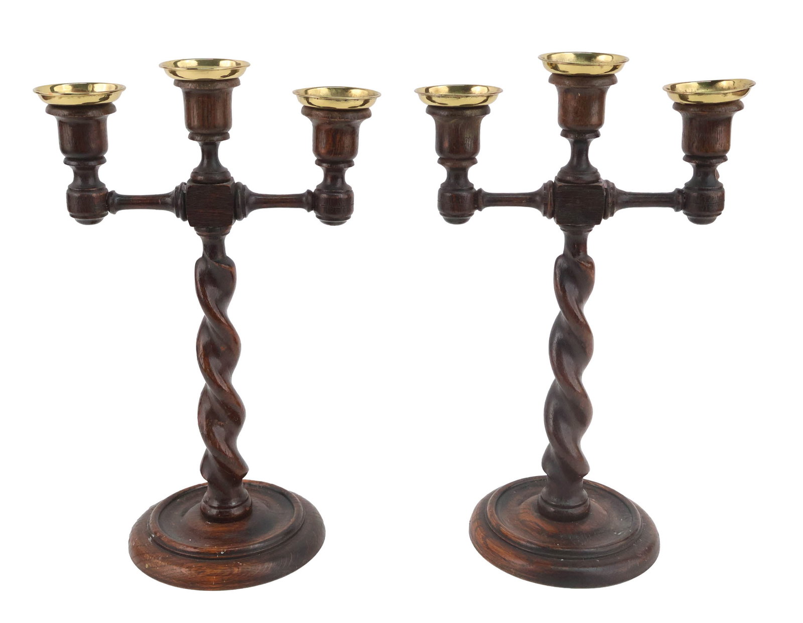 Pair of Oak Barley Twist Candelabra: Pair of Oak Barley Twist Candelabra 20th C. one with a label from Davies Turner. 13 1/2 x 8 1/2 x 5 in. (34.3 x 21.6 x 12.7 cm.)