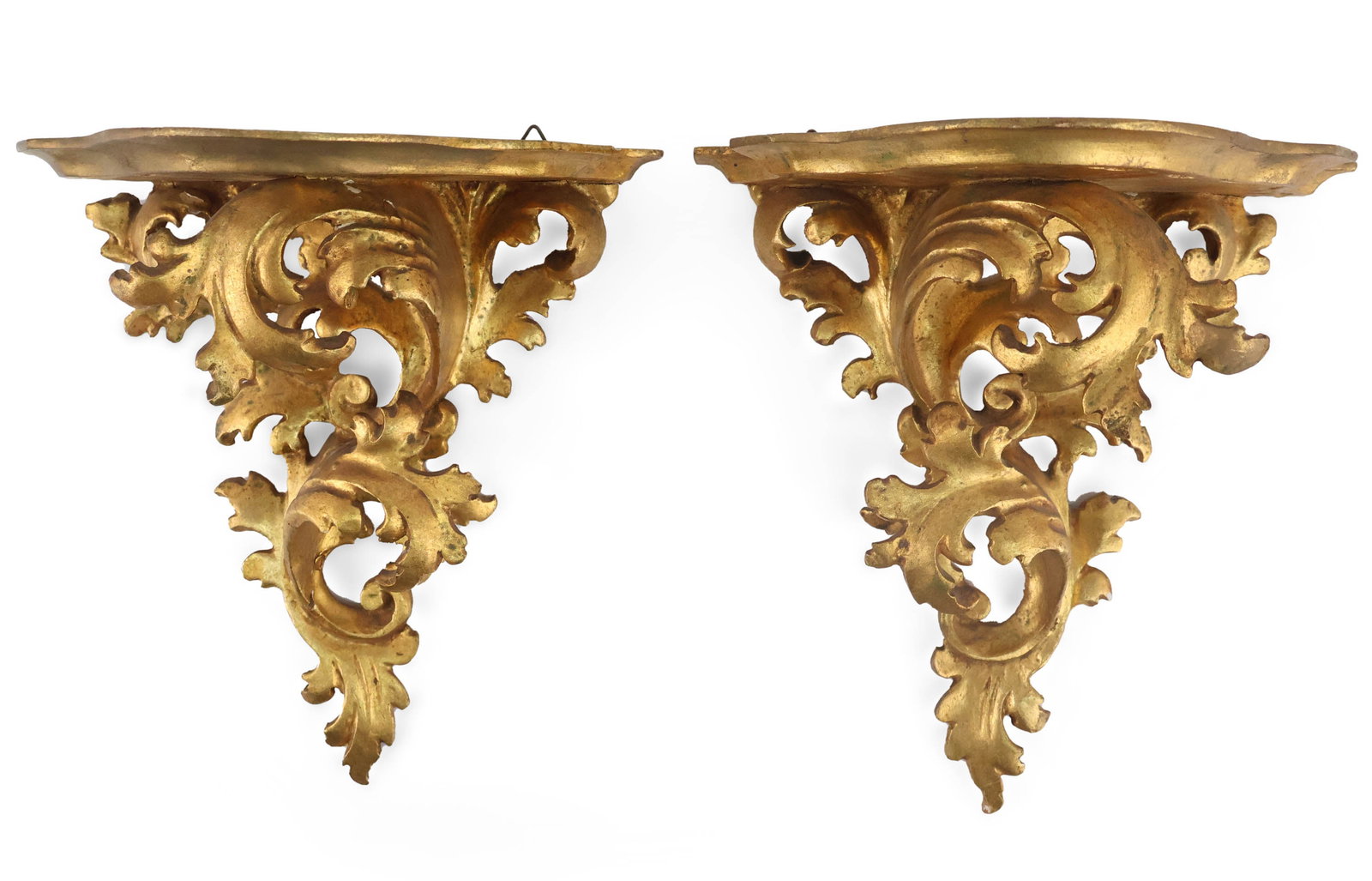 Pair of Rococo Style Giltwood Wall Shelves: Pair of Rococo Style Giltwood Wall Shelves 20th C. Some losses and wear. 9 5/8 x 9 x 5 1/8 in. (24.4 x 22.9 x 13 cm.)