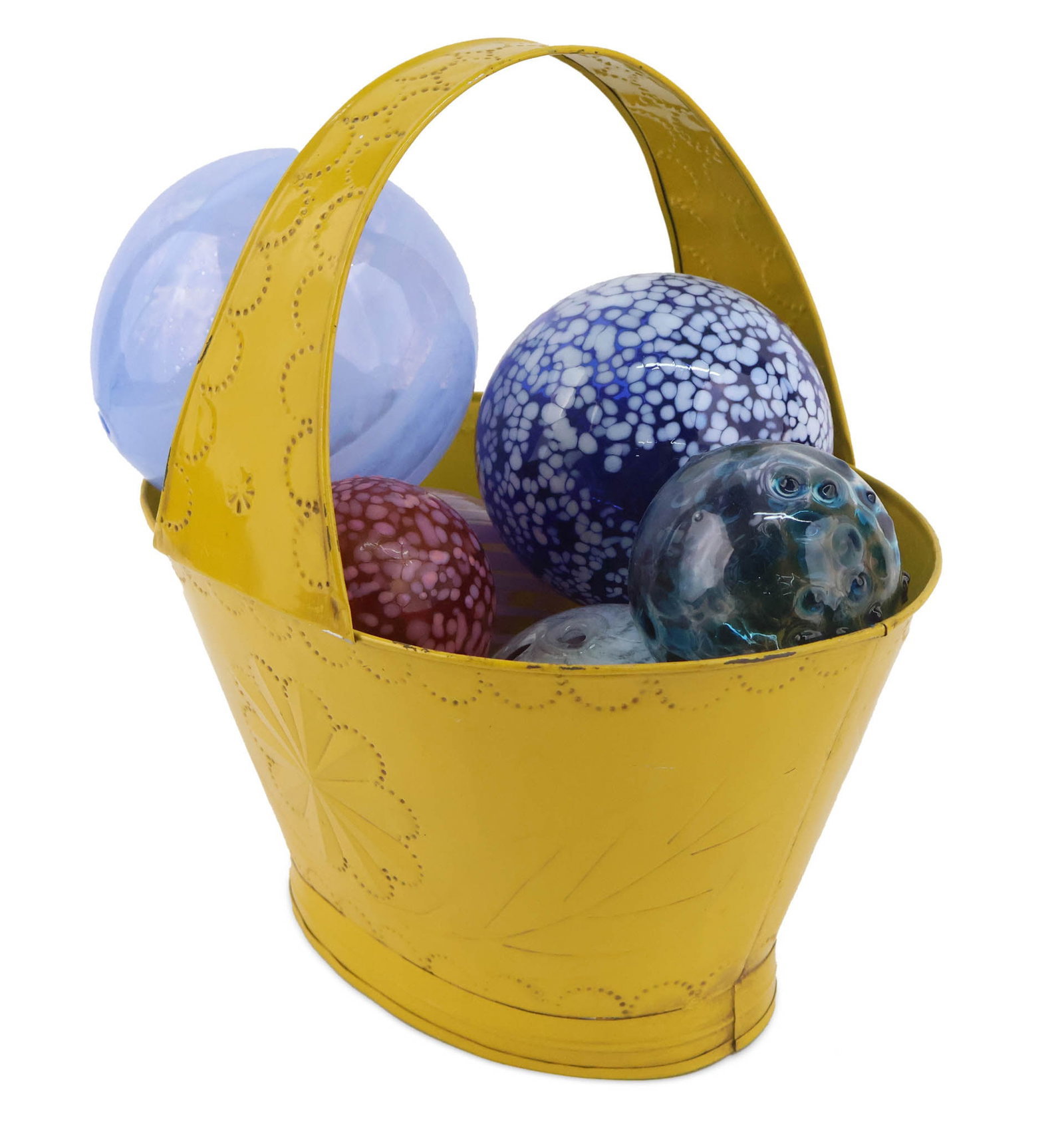 Six Glass Carpet Balls: Six Glass Carpet Balls Together with a yellow painted metal basket. Basket: 12 x 11 1/2 x 9 in. (30.5 x 29.2 x 22.9 cm.)