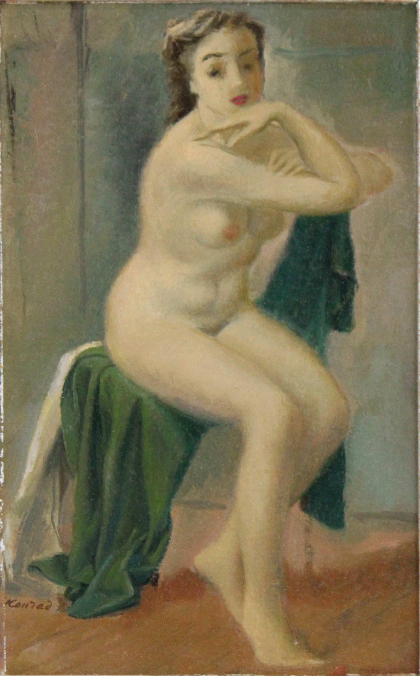 Adolf Ferdinand Konrad, German 1915-2003, Seated Nude Woman, Oil on Board: Adolf Ferdinand Konrad German, 1915-2003 Seated Nude Woman Oil on Board Signed l.l. Sight: 9 3/4 x 6 in. (24.8 x 15.2 cm.), Frame: 18 1/4 x 14 1/2 in. (46.4 x 36.8 cm.)