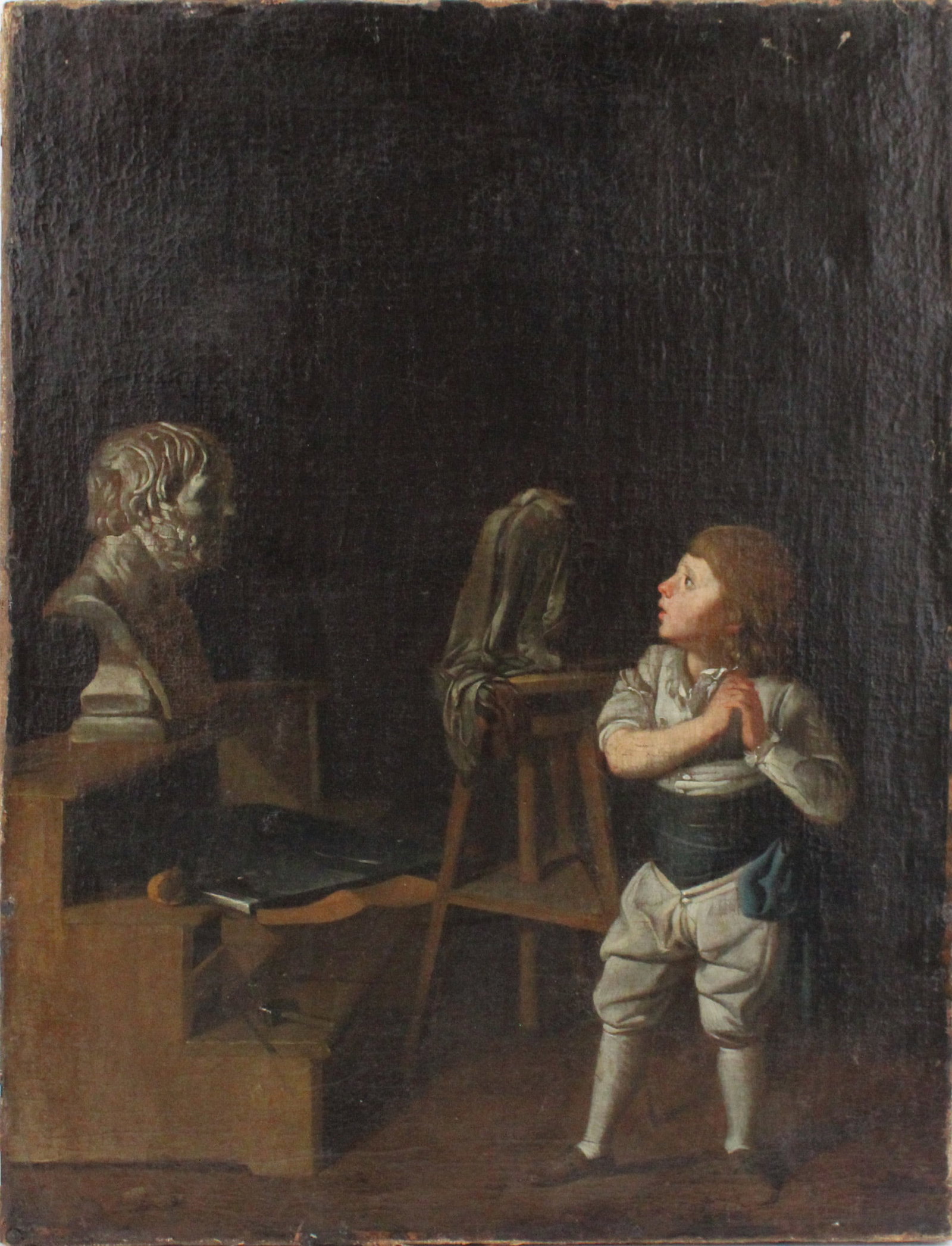 After Georg Melchior Kraus, 1733-1806, Boy in the Studio, Oil on Canvas: After Georg Melchior Kraus 1733-1806 Boy in the Studio Oil on Canvas Appears to be unsigned, possibly copy or study of the original. Trimmed and relined. 22 1/2 x 17 1/4 in. (57.2 x 43.8 cm.)