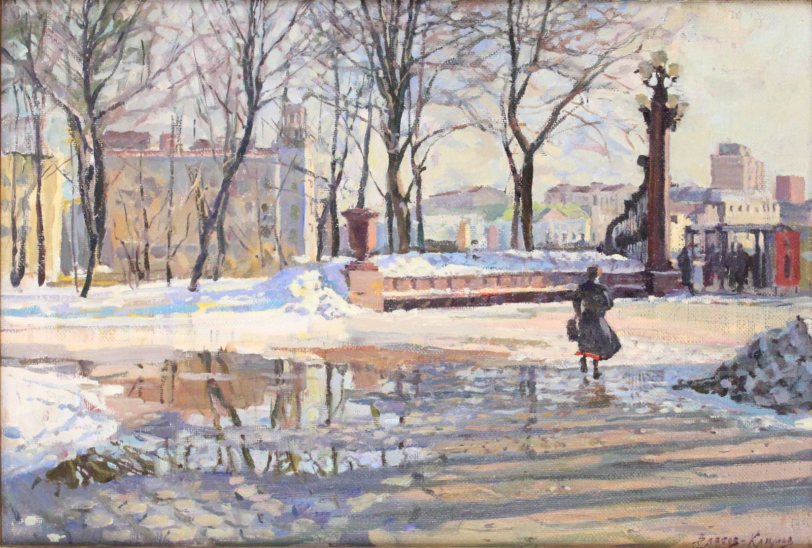 Vitali Petrovich Vlasov-Klimov, b. 1933, Bolotinaya Square, 1988, Oil on Canvas: Vitali Petrovich Vlasov-Klimov b. 1933 Bolotinaya Square, 1988 Oil on Canvas Signed L.R. Also signed on verso and retains a label too. Provenance: Overland Gallery, Scottsdale, AZ Sight 16 3/4 x 24