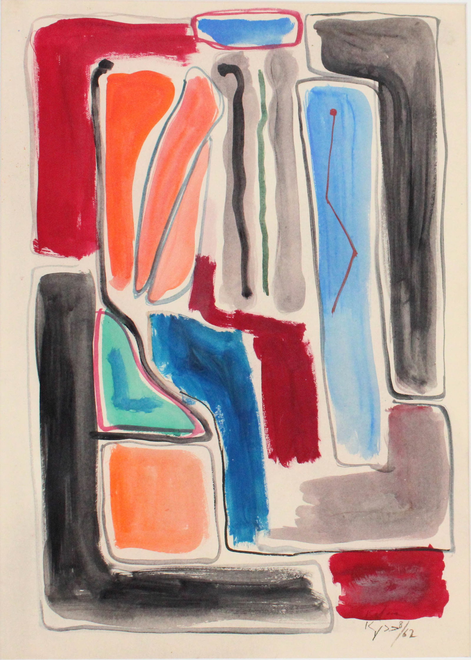 Aharon Kahana, 1905-1967, Abstract, Watercolor: Aharon Kahana1905-1967AbstractWatercolorSigned l.r and dated '62.Sight: 20 1/2 x 14 1/2 in. (52.1 x 36.8 cm.), Frame: 27 1/4 x 21 1/4 in. (69.2 x 54 cm.)