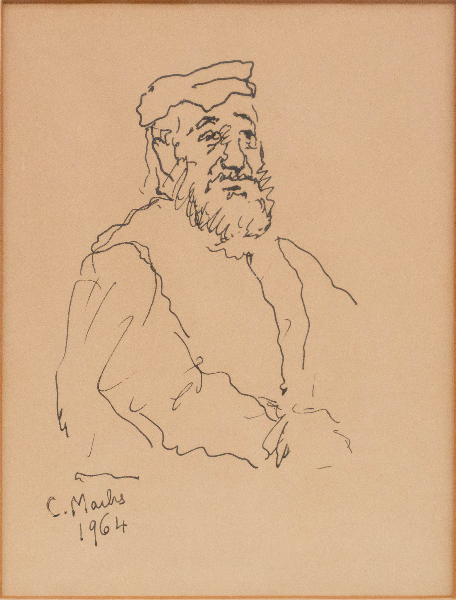 Claude Marks, 1915-1991, Zero Mostel as Tevye, Ink on Paper: Claude Marks1915-1991Zero Mostel as TevyeInk on PaperSigned and dated l.l., titled and inscribed "Zero Mostel as Tevye-15 in 'Fiddler on the Roof', pen and ink drawing by Claude Marks, 1964"Sight: 6 1
