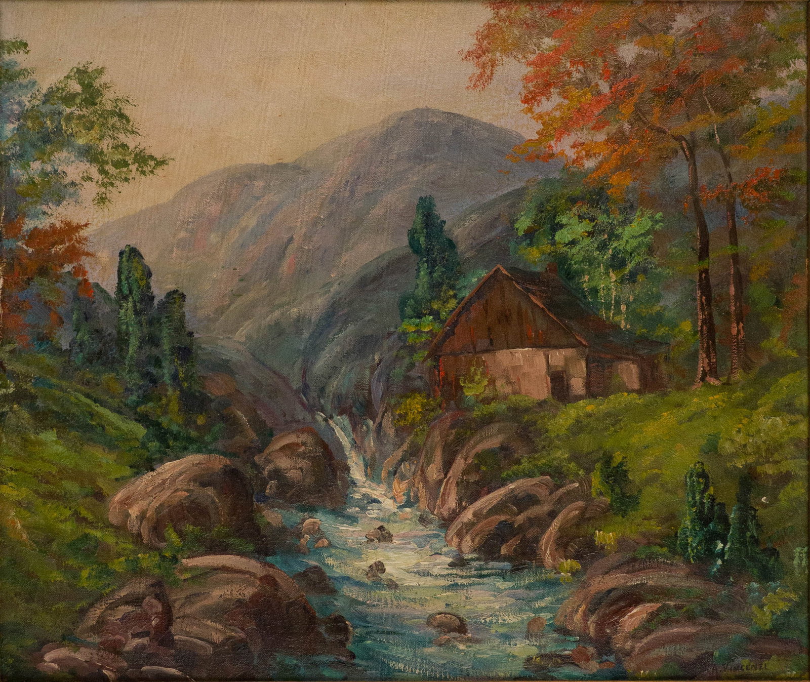 Agostino Vincenzi, 1911, House by Stream, Oil on Canvas (1 of 7)