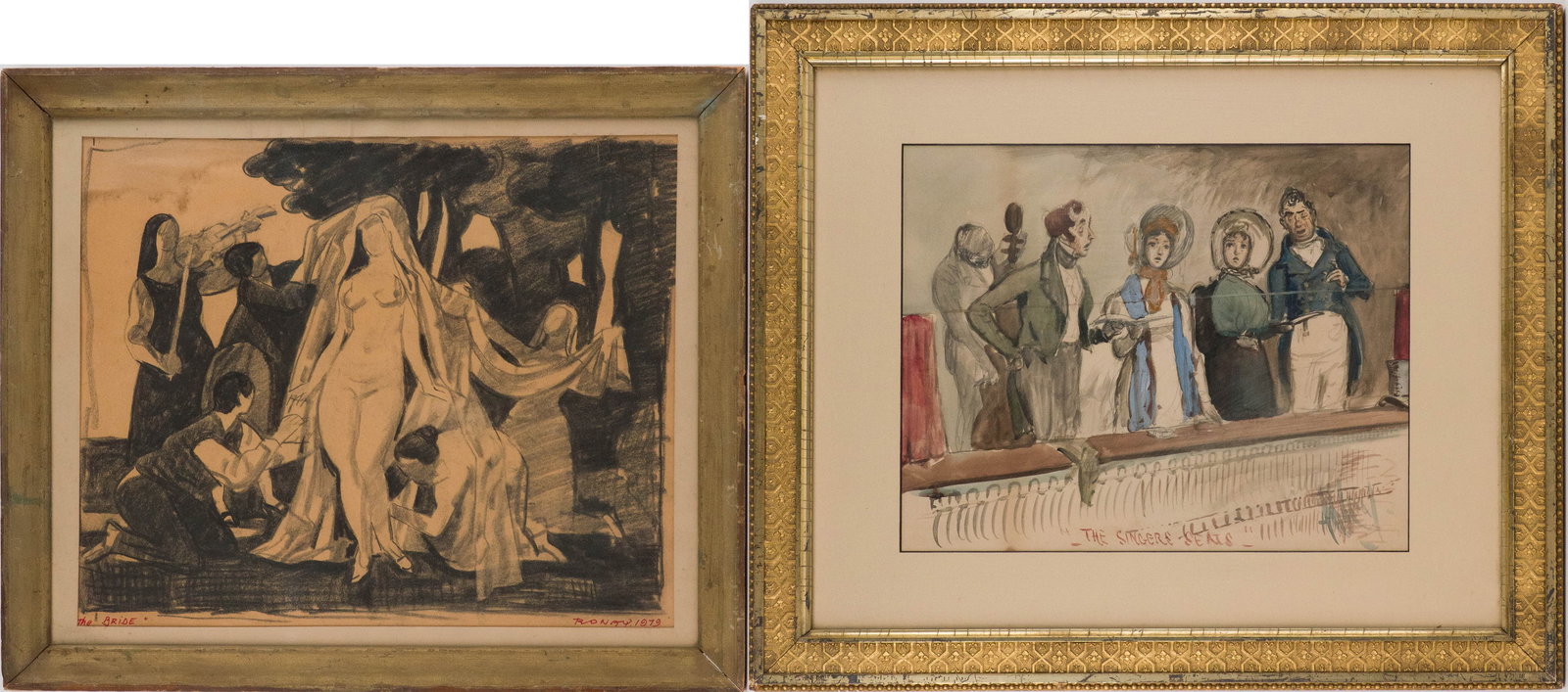Stephen R. Ronay, 1900, The Bride, Charcoal on Paper: Stephen R. Ronay 1900 The Bride Charcoal on Paper Signed l.r. and dated 1979, titled l.l. Together with a two sided work, one a watercolor on paper titled "The Signers Seats", the other a wash and ink