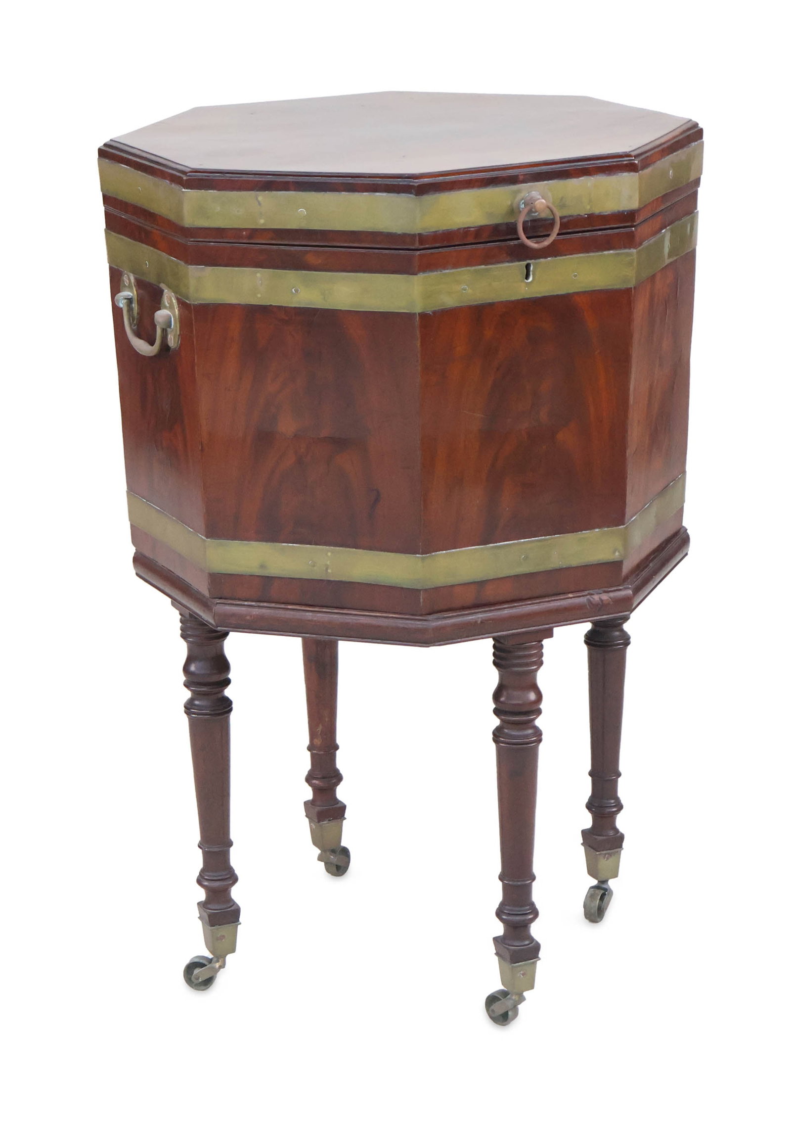 Regency Brass Bound and Lead Lined Mahogany Cellarette: Regency Brass Bound and Lead Lined Mahogany Cellarette English or possibly Boston, 18th/19th C. Lacks lock. Provenance: Property from a Private Collection 30 x 18 3/4 x 18 1/2 in. (76.2 x 47.6 x 47