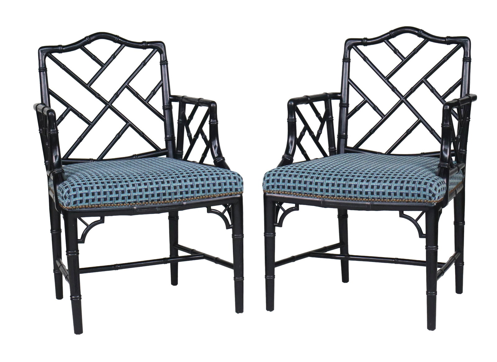 Pair of George III Style Ebonized Cock-Pen Armchairs: Pair of George III Style Ebonized Cock-Pen Armchairs English Taste, 20th C. Seat: 19 in. (48.3 cm.), Crest: 36 1/2 in. (92.7 cm.)