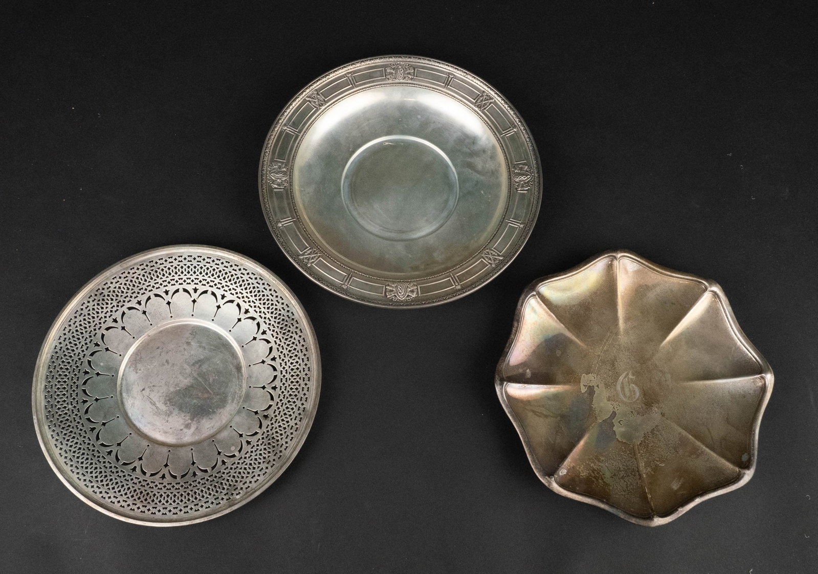 Three Sterling Silver Plates: Three Sterling Silver Plates 10.5"dia. - 9.5"dia. Approx. 26 t.o. 10 1/2 in. (26.7 cm.)