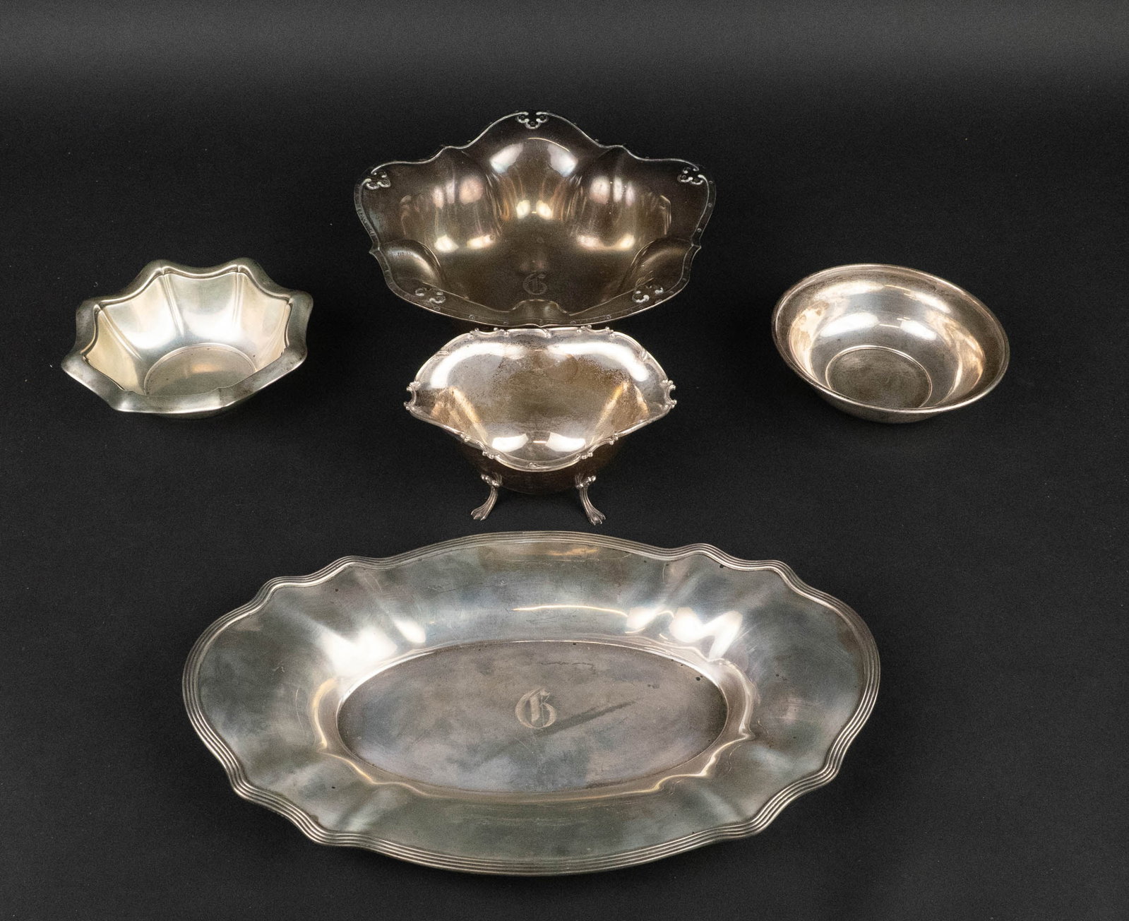 Five Sterling Silver Bowls and Tray: Five Sterling Silver Bowls and Tray Approx. 28 t.o. 12 1/2 in. (31.8 cm.)