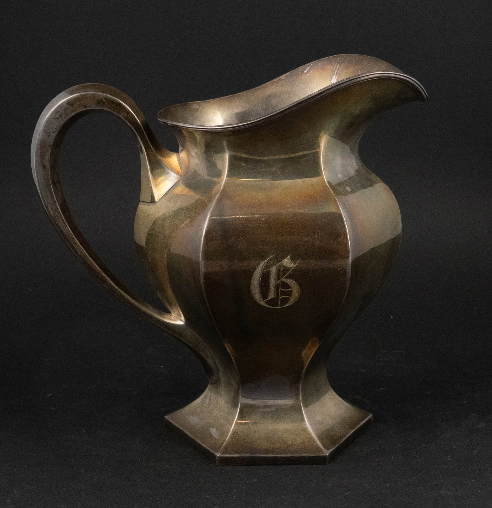 Faceted Sterling Silver Water Pitcher: Faceted Sterling Silver Water Pitcher Retailed by Black, Starr and Frost. # 2388, and approx. 35 t.o. 10 x 8 in. (25.4 x 20.3 cm.)