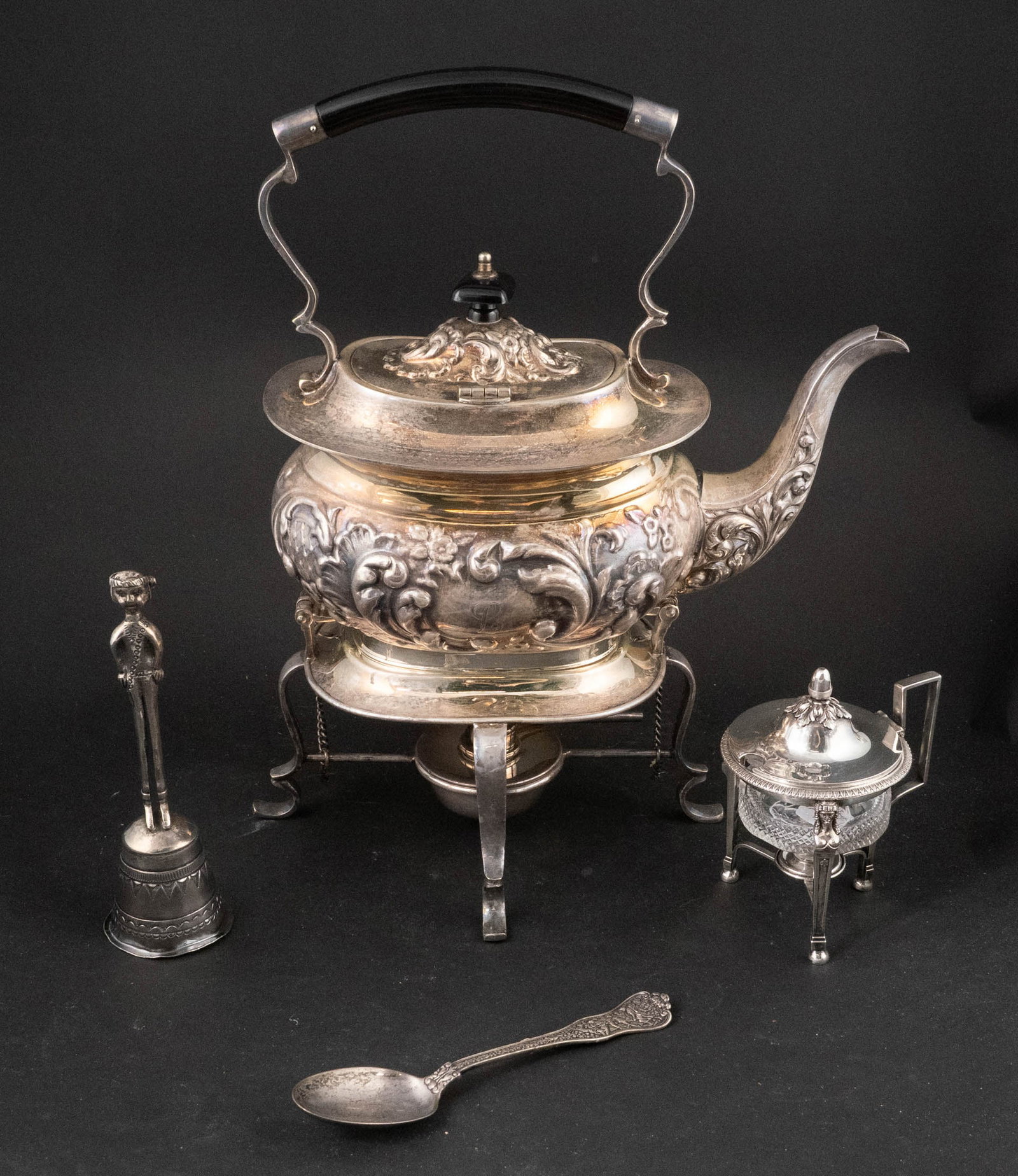 French Silver Mustard Stand: French Silver Mustard Stand With associated glass liner. Together with a Tiffany sterling silver "Olympian" 1878 pattern spoon, 6"l. Approx. 5 t.o. Also including a Sheffield hot water kettle on