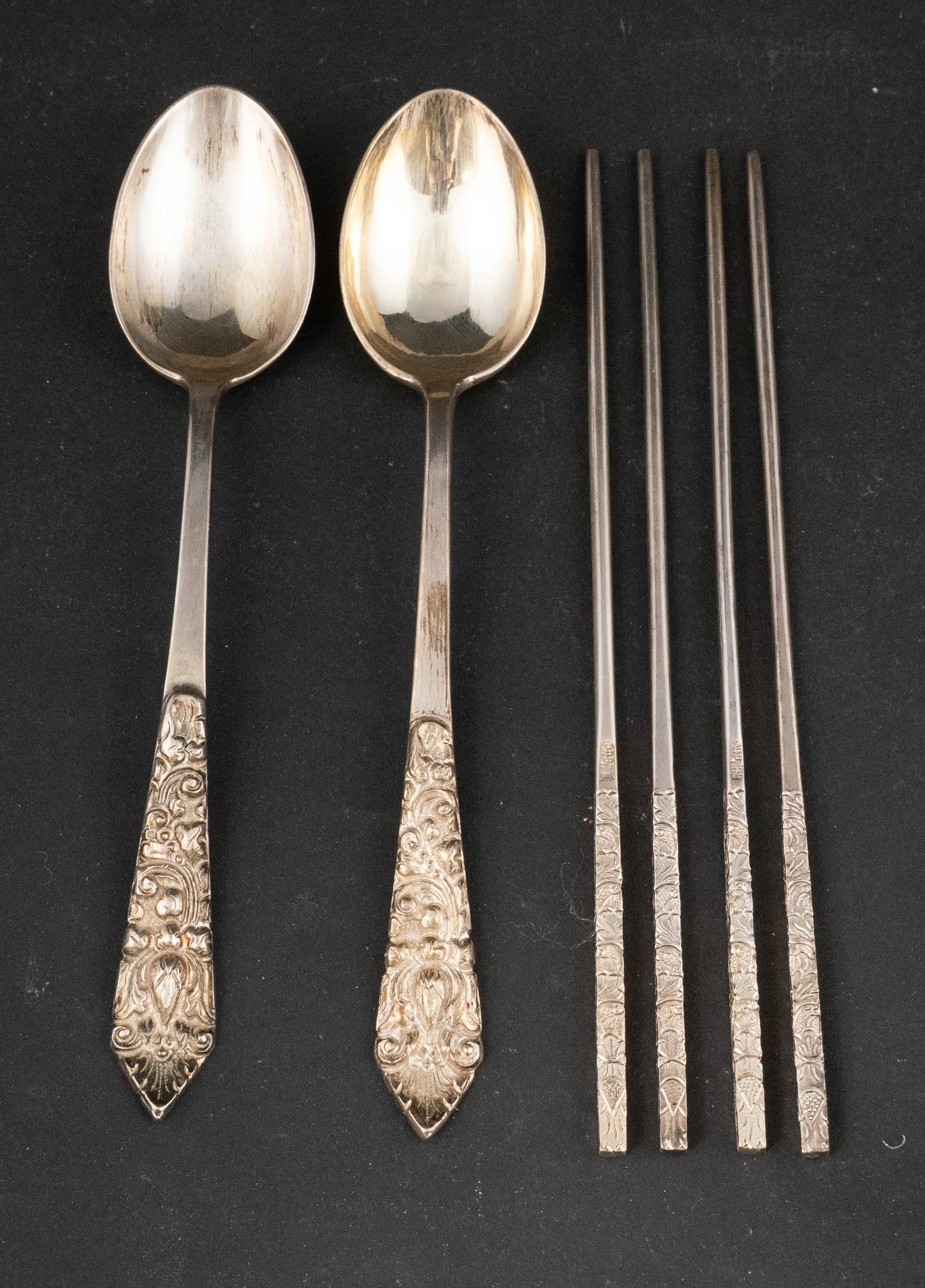 Kotacene Chopsticks and Spoons: Kotacene Chopsticks and Spoons Stamped, illegibly ... EH 80?? Silver Kotacene?? Comprising: twelve chopsticks and five spoons. 7 7/8"l 8 in. (20.3 cm.)