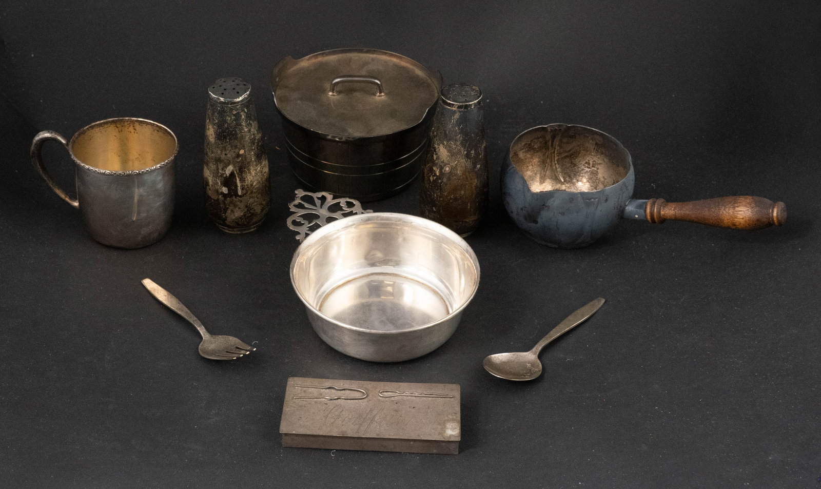 Sterling Silver Baby Handled Cup: Sterling Silver Baby Handled Cup Together with a Towle sterling silver baby fork and spoon, a sterling porringer, and a pair of shakers. Approx. 9 t.o. Also including and not weighed: a plated