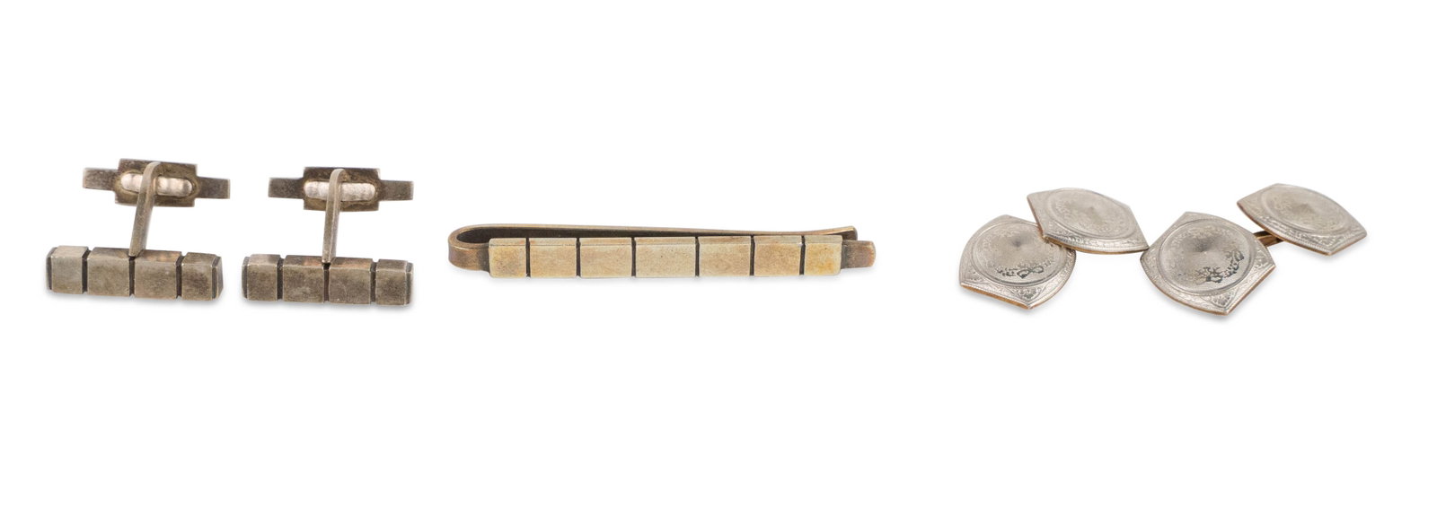 Georg Jensen Sterling Cufflinks and Tie Bar: Georg Jensen Sterling Cufflinks and Tie Bar Stamped, Georg Jensen, Sterling, Denmark, #64. 2"l. Together with a pir of vintage 14k cufflinks. Approx. 18.18 total dwt. 2 in. (5.1 cm.)