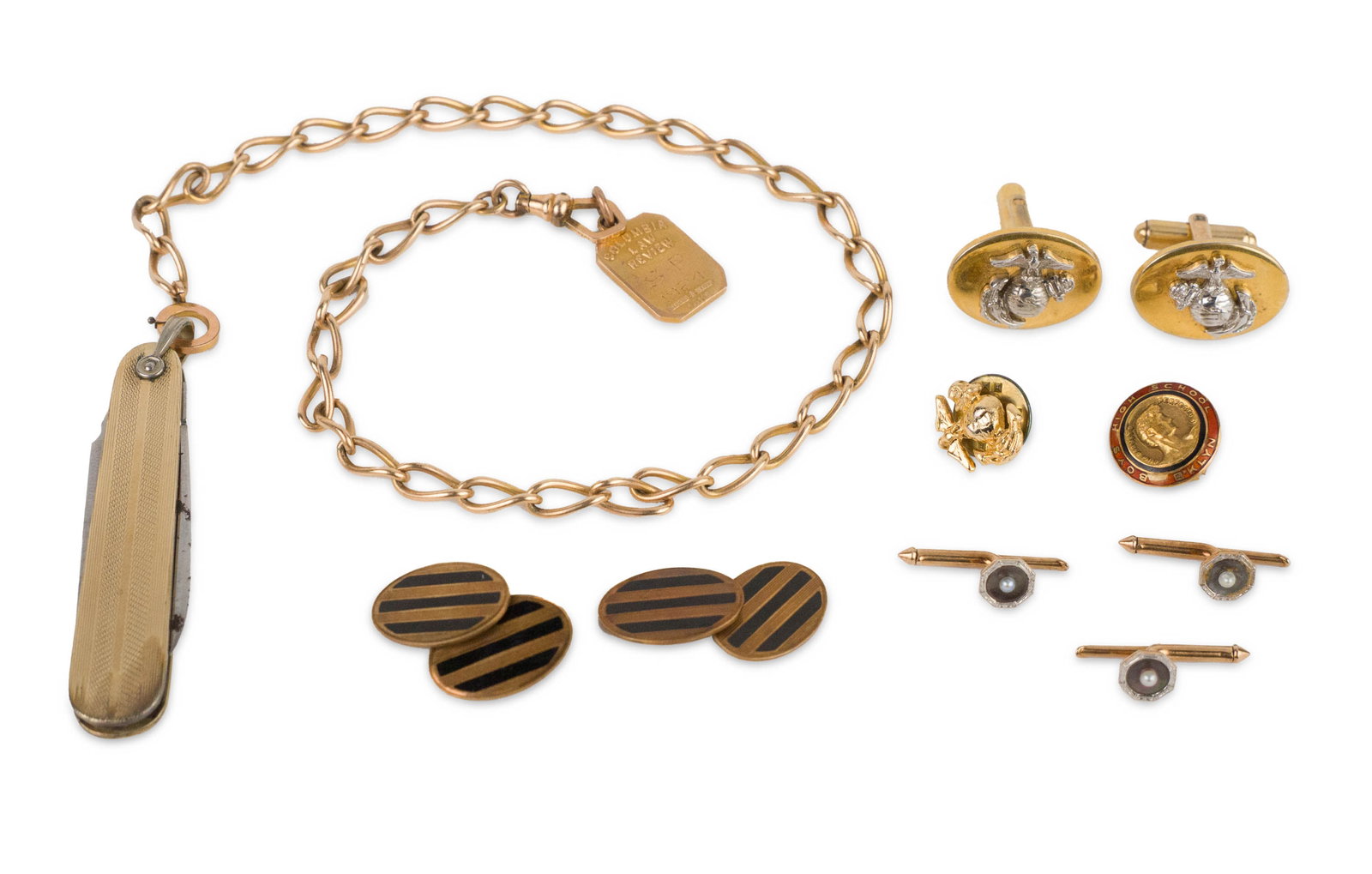 Assorted Gold Cufflinks and Accessories: Assorted Gold Cufflinks and Accessories Including an unmarked decorative pen knife and chain. Attached to the chain is a 14K Columbia Law Review tag. Together with a pair of 12K Gold filled navy