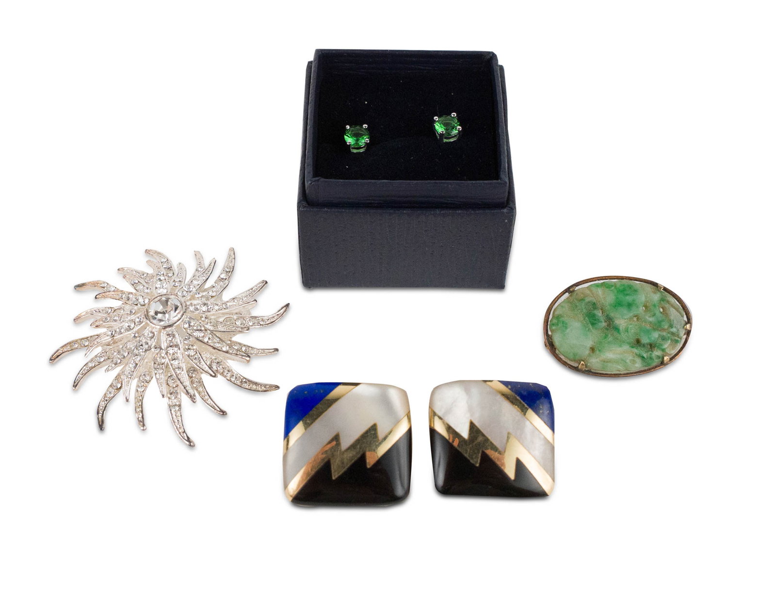 Pair of 14K and Mixed Hardstones Square Earrings: Pair of 14K and Mixed Hardstones Square Earrings 7/8"l. Together with an oval carved jade and unmarked gold pin, a costume swirl pin, and a pair of 925 earrings. 1 in. (2.5 cm.)