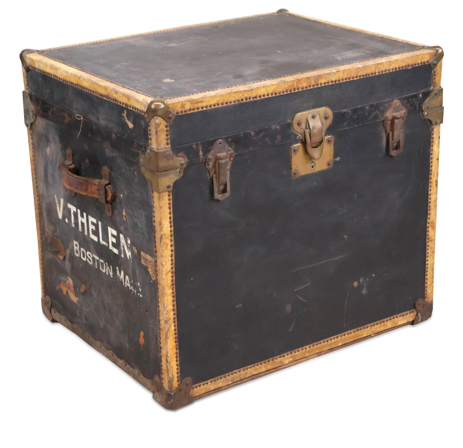 Mark Cross Vintage Hat Trunk: Mark Cross Vintage Hat Trunk Brass and leather clad travel trunk. Interior fitted with forms and additional forms and an iron are included. Interior of the lift lid, states on label, " Established 184