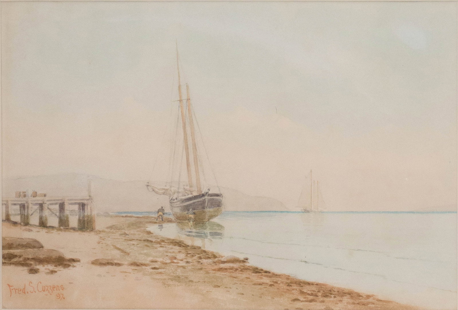 Frederic Schiller Cozzens, 1856-1928, Ship on Shore, Watercolor on Paper: Frederic Schiller Cozzens 1856-1928 Ship on Shore Watercolor on Paper Signed l.l. and dated '97. Provenance: Property from a Private Park Avenue, New York Collection Sight: 6 3/4 x 10 in. (17.1 x