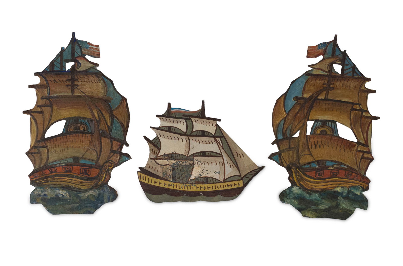 Three Painted Cut Out Metal Clipper Ships: Three Painted Cut Out Metal Clipper Ships Possibly sextant decorations. Provenance: Property from a Private Park Avenue, New York Collection Largest: 4 1/2 x 2 1/2 in. (11.4 x 6.4 cm.)