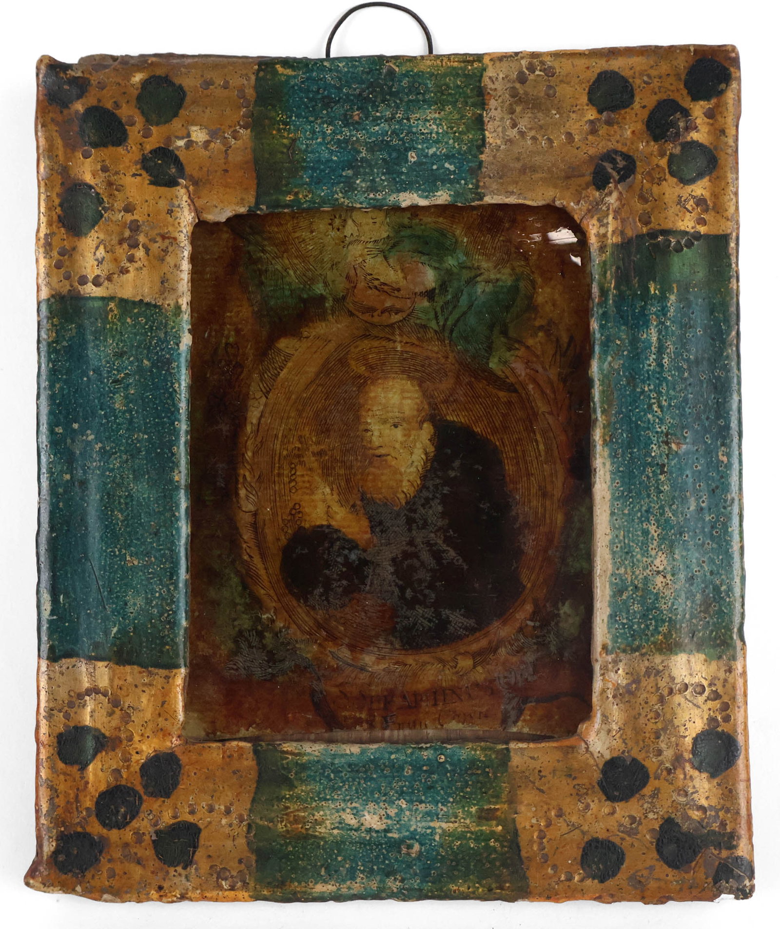 Reverse Painted Glass of St. Jerome: Reverse Painted Glass of St. Jerome S. Seraphinus order. Glass not in frame. Provenance: Property from a Private Park Avenue, New York Collection Sight: 3 3/4 x 2 3/4 in. (9.5 x 7 cm.), Frame: 6 x 5