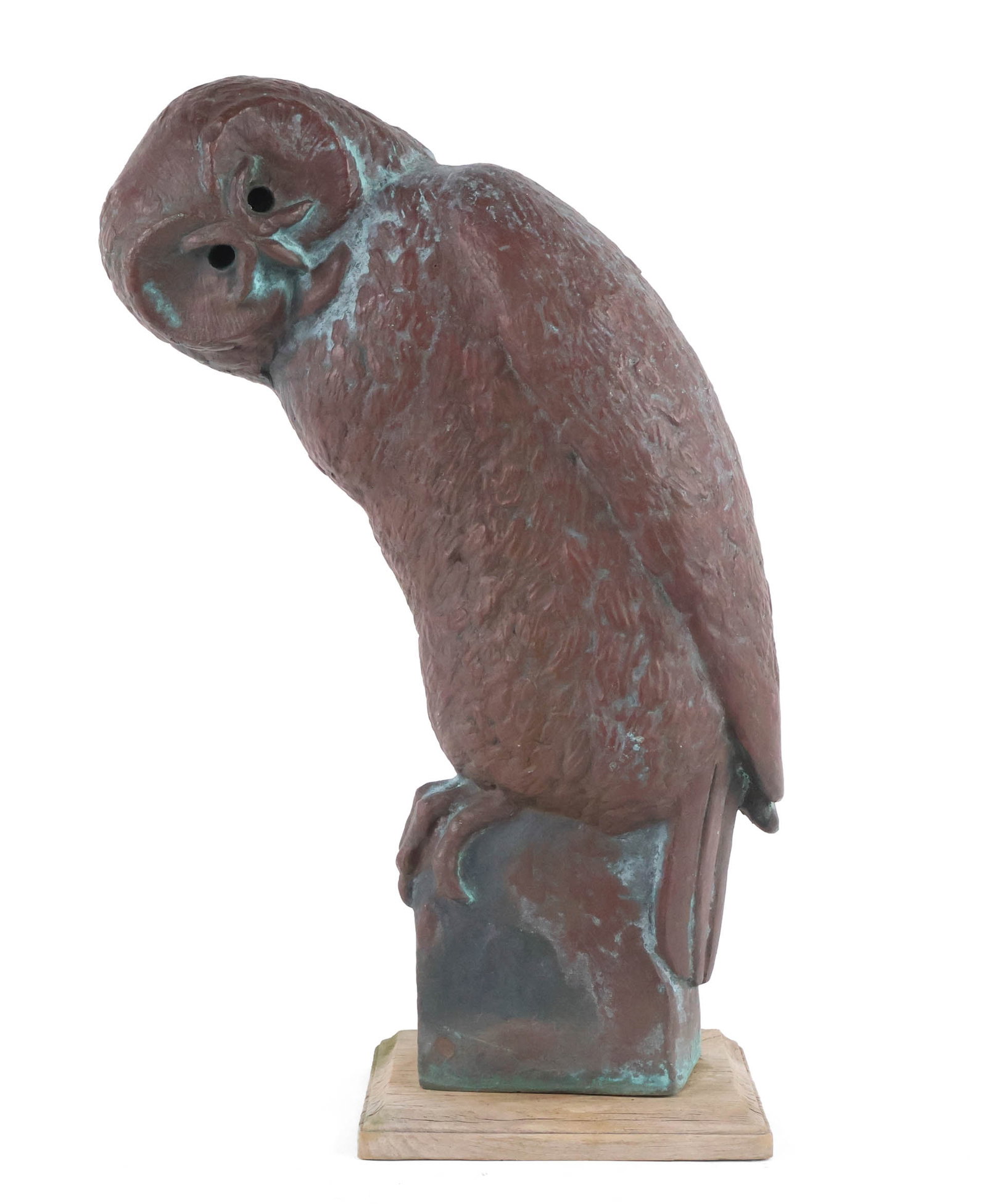 Jane White Canfield, 1897-1984, Barn Owl, Bronze: Jane White Canfield 1897-1984 Barn Owl Bronze Inscribed "J. Canfield". Mounted on wood block. 17 1/2 x 12 x 6 3/4 in. (44.5 x 30.5 x 17.1 cm.)