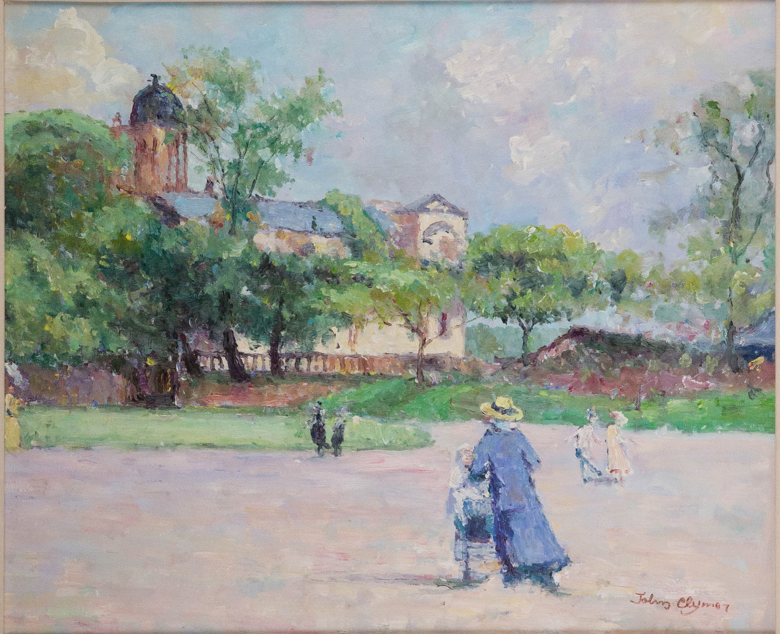 John (1932) Clymer, American 1932-, Impressionistic Landscape with Figures, Oil on Canvas: John (1932) Clymer American, 1932- Impressionistic Landscape with Figures Oil on Canvas Signed l.r. "John Clymer". Sight: 19 1/4 x 23 1/4 in. (48.9 x 59.1 cm.), Frame: 27 1/2 x 31 1/2 in. (69.9 x 80 c