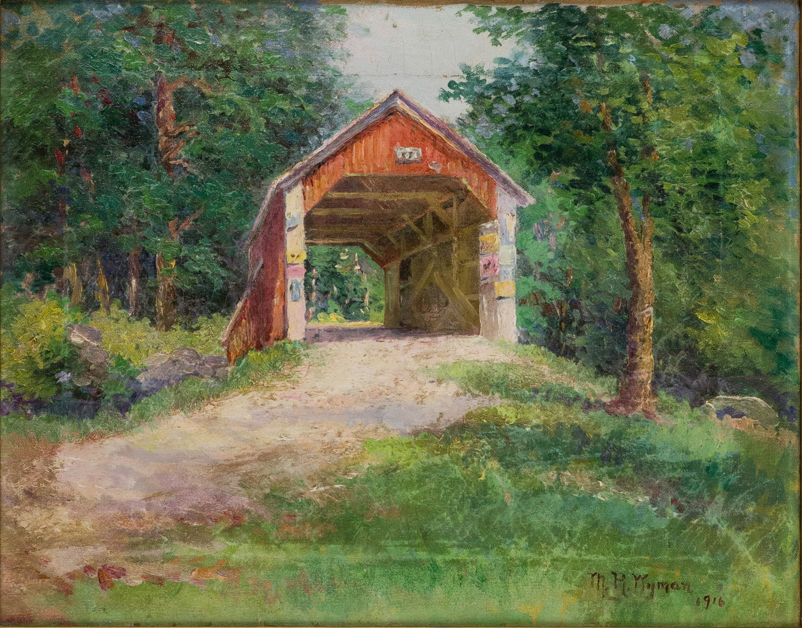 M.H. Wyman, The Old Red Bridge Near Wardsboro, VT, Oil on Canvas: M.H. Wyman The Old Red Bridge Near Wardsboro, VT Oil on Canvas Signed l.r and dated 1916, titled on the stretcher. Sight: 14 x 17 3/4 in. (35.6 x 45.1 cm.), Frame: 20 x 24 in. (50.8 x 61 cm.)