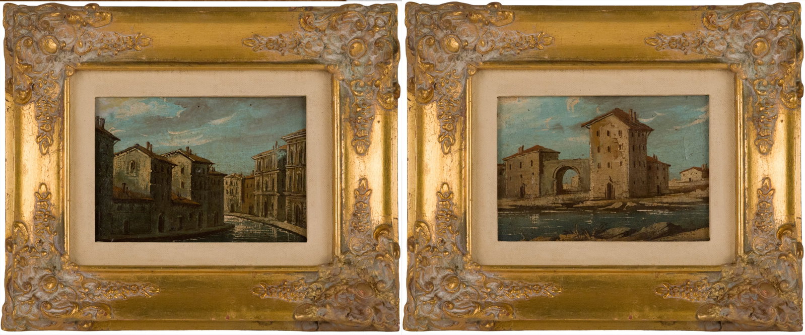 Two Venetian Scenes, Oil on Canvas: Two Venetian Scenes Oil on Canvas 19th C. both appear to be unsigned. Sight: 4 1/2 x 6 1/2 in. (11.4 x 16.5 cm.), Frame: 10 x 12 1/4 in. (25.4 x 31.1 cm.)