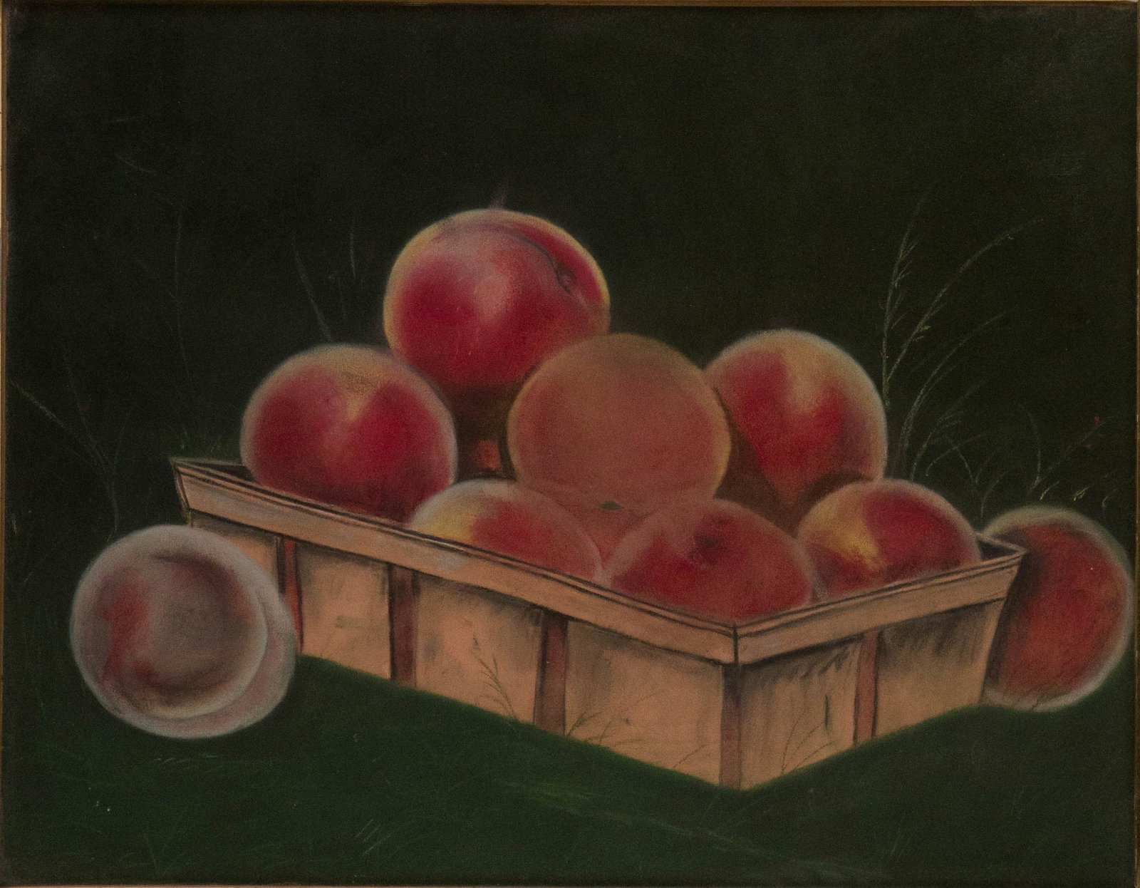 Peaches in Basket, Pastel on Paper: Peaches in Basket Pastel on Paper American, 19th/20th C. in lemon gilt frame. Sight: 13 1/2 x 16 3/4 in. (34.3 x 42.5 cm.), Frame: 18 1/4 x 21 1/2 in. (46.4 x 54.6 cm.)