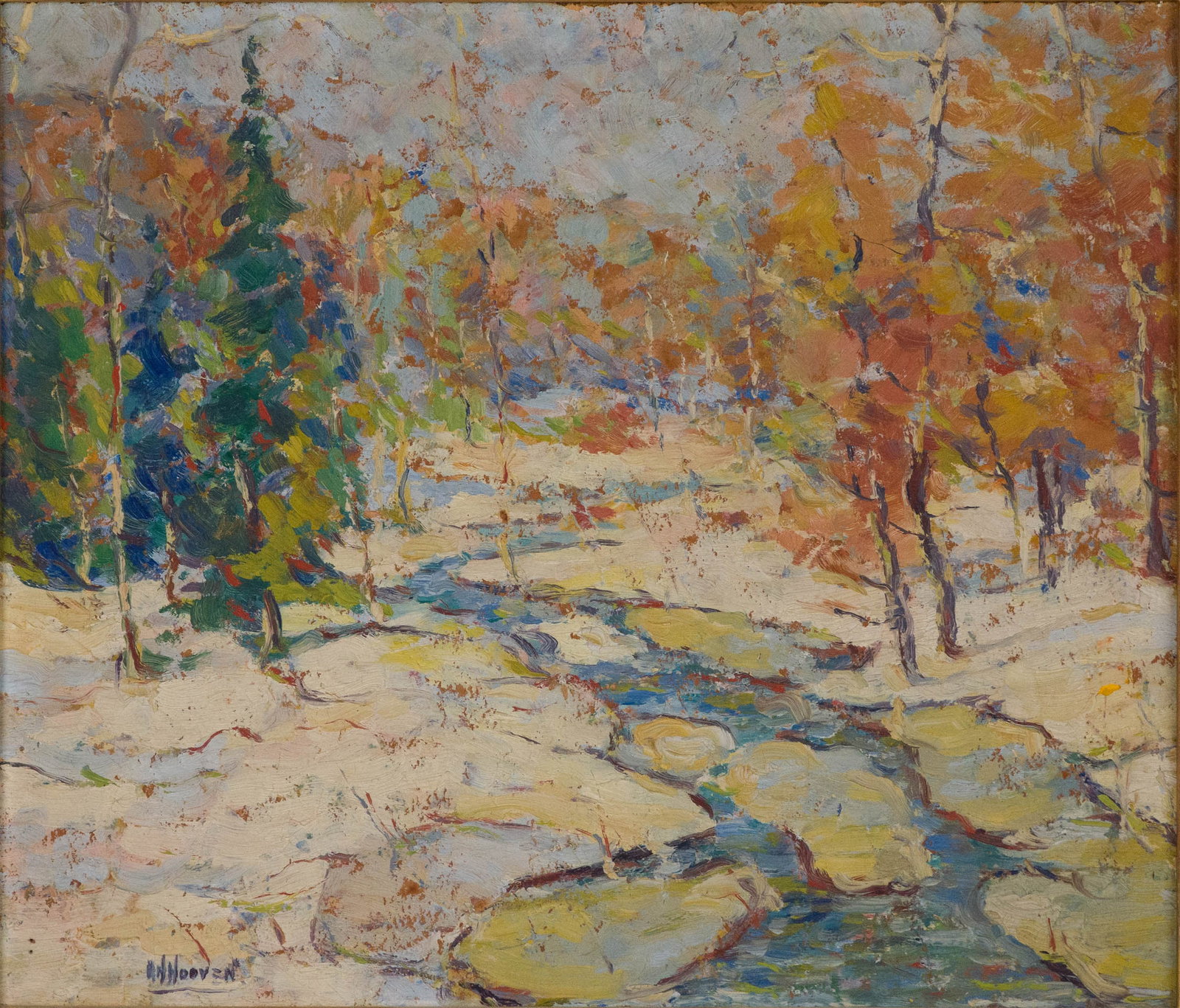 Herbert Nelson Hooven, 1898-1979, River through Forest, Oil on Board: Herbert Nelson Hooven 1898-1979 River through Forest Oil on Board Signed l.l. "HN Hooven" Sight: 13 1/4 x 15 1/2 in. (33.7 x 39.4 cm.), Frame: 16 1/2 x 18 3/4 in. (41.9 x 47.6 cm.)