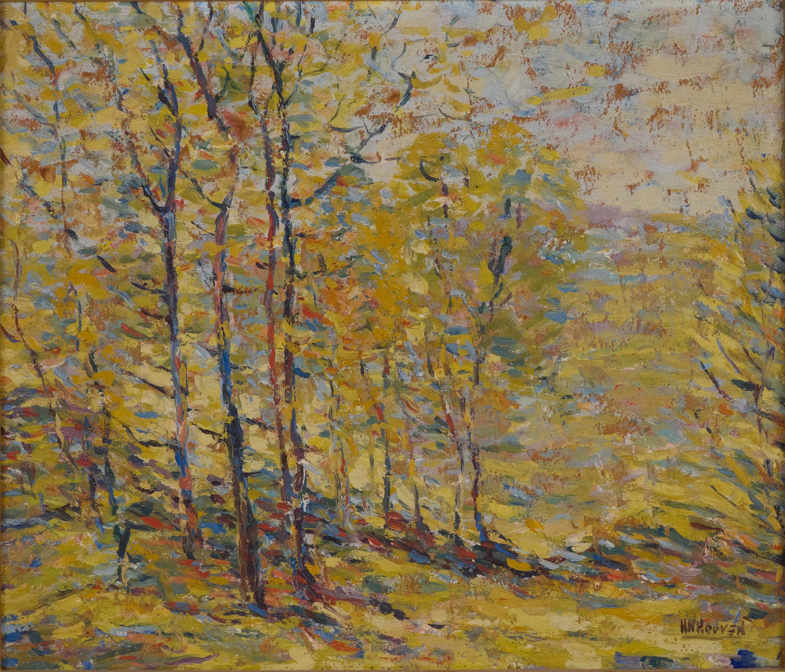 Herbert Nelson Hooven, 1898-1979, Spring Forestscape, Oil on Board: Herbert Nelson Hooven 1898-1979 Spring Forestscape Oil on Board Signed l.r. "HN Hooven" Sight: 13 1/4 x 15 1/2 in. (33.7 x 39.4 cm.), Frame: 16 1/2 x 18 3/4 in. (41.9 x 47.6 cm.)