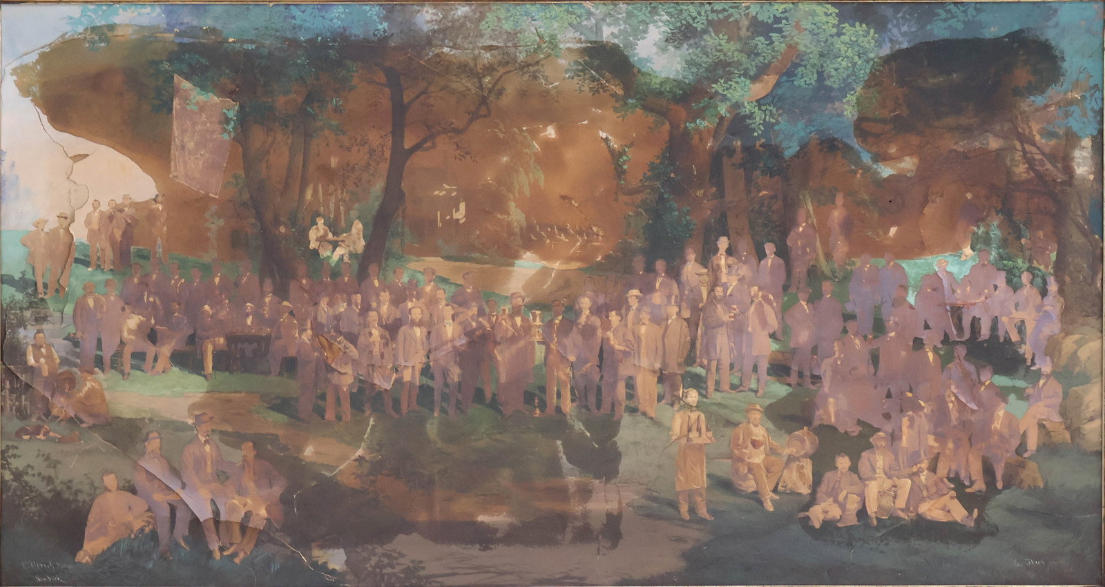 Mozart Society in New York, 1869, Collage on Watercolor: Mozart Society in New York, 1869 Collage on Watercolor With watercolor background, possibly Central Park, with photographs of men decoupaged to the background, signed l.r. "G. Titus". Signed l.l. "E. 